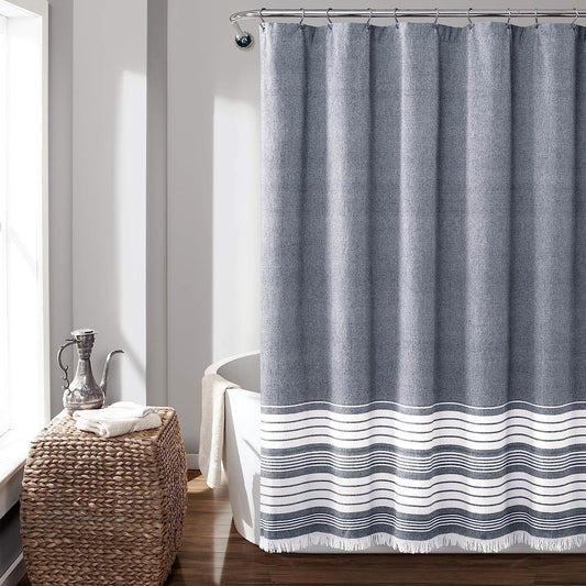 Lush Decor, Navy Nantucket Yarn Dyed Cotton Tassel Fringe Shower Curtain, 72" X 72", 72" X 72