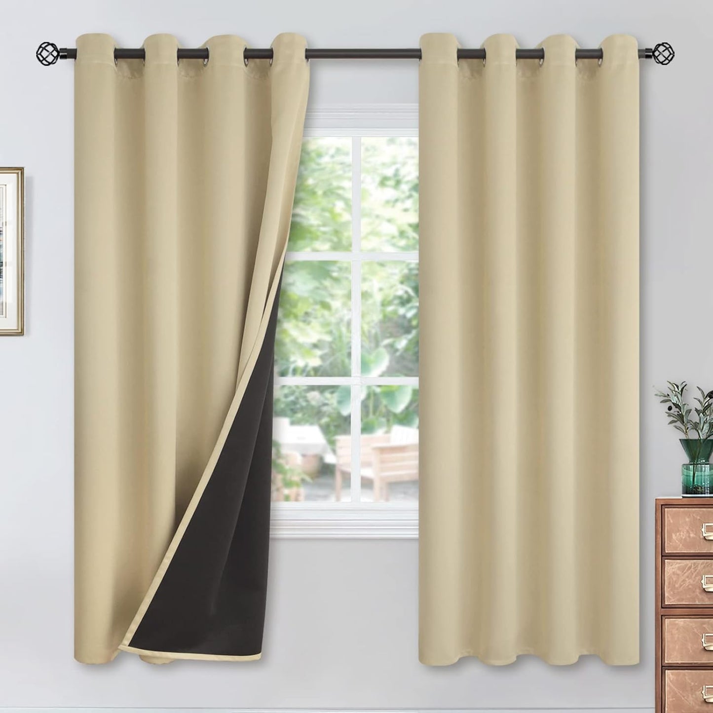 Youngstex Black 100% Blackout Curtains 63 Inches for Bedroom Thermal Insulated Total Room Darkening Curtains for Living Room Window with Black Back Grommet, 2 Panels, 42 X 63 Inch  YoungsTex Beige 52W X 72L 
