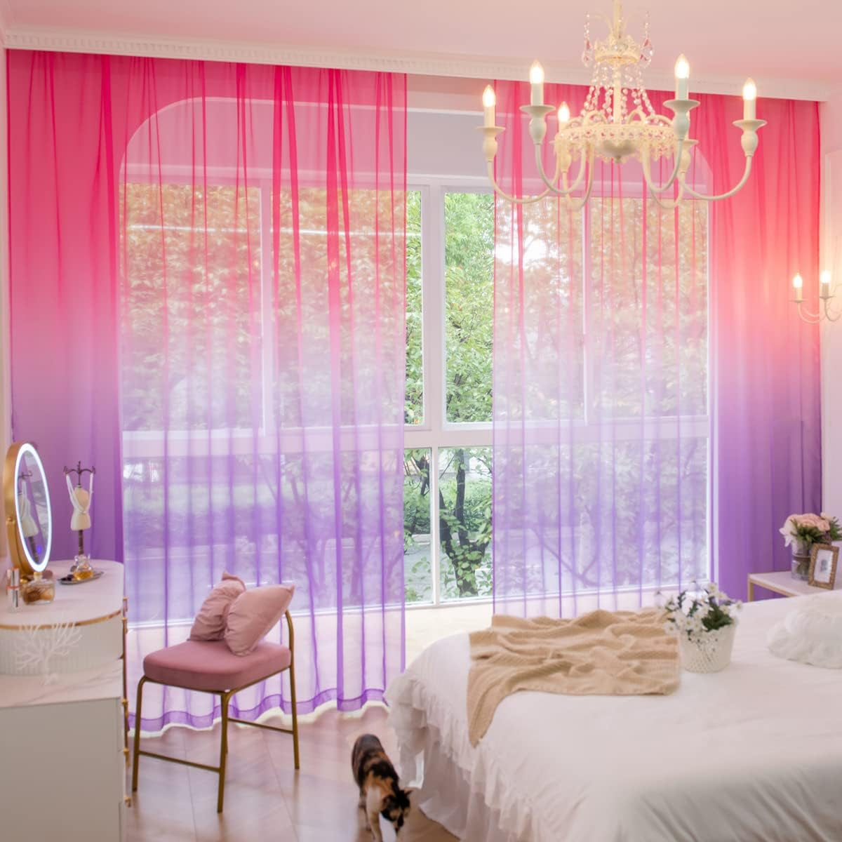MOONVAN Windows Semi White Sheer Curtains 84 Inches Length 52 Inches Width 2 Panels Set Translucent Sheer Curtain Basic Rod Pocket for Bedroom Children Living Room Yard Kitchen  MOONVAN Gradient-Red-Purple 52''W X 84''L 