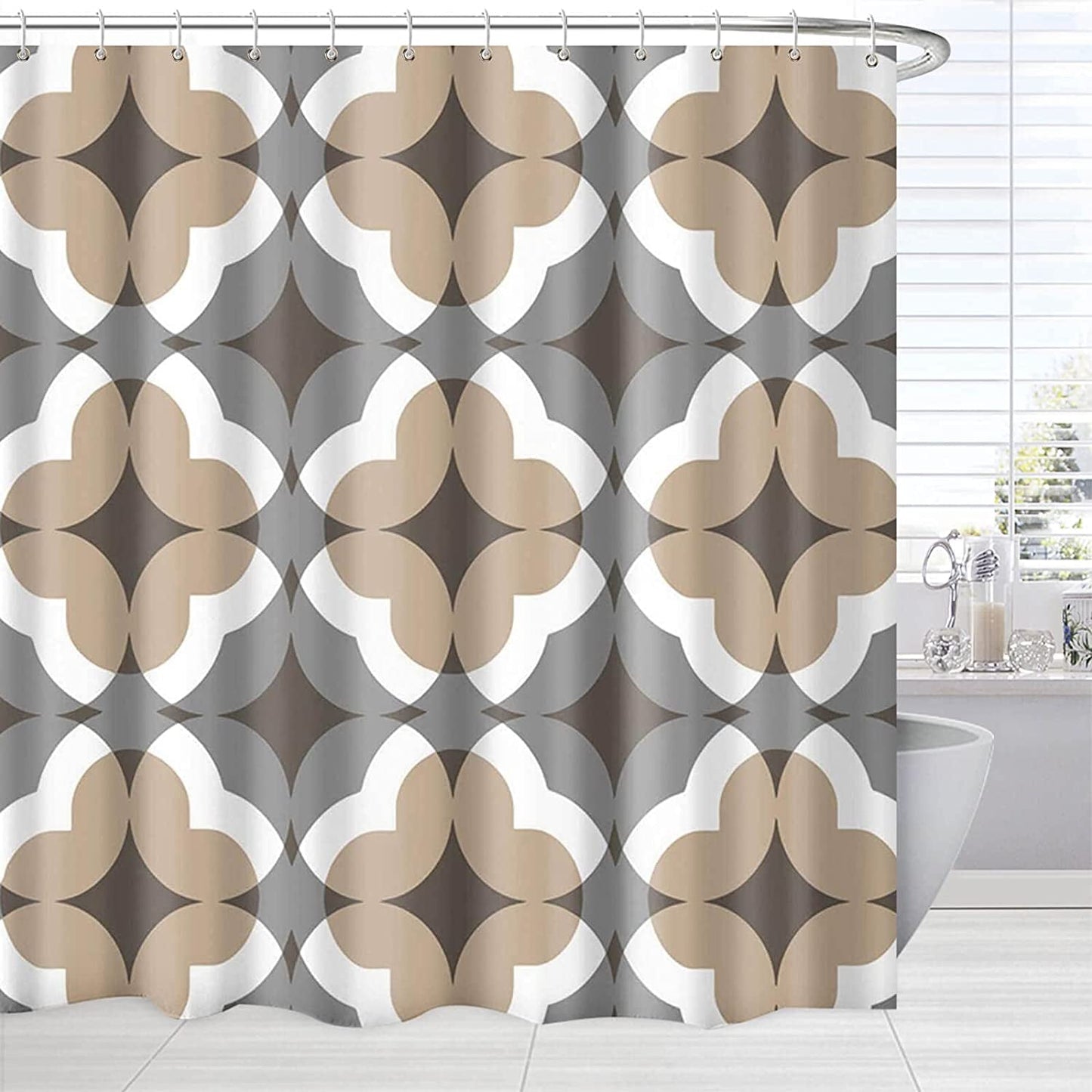 Brown Fabric Shower Curtains for Bathroom, Rustic Decorative Shower Curtain, Abstract Tan Grey White Beige Geometric Pattern Bath Curtains for Bathroom, Brown Design Bathroom Decor Set with Hooks