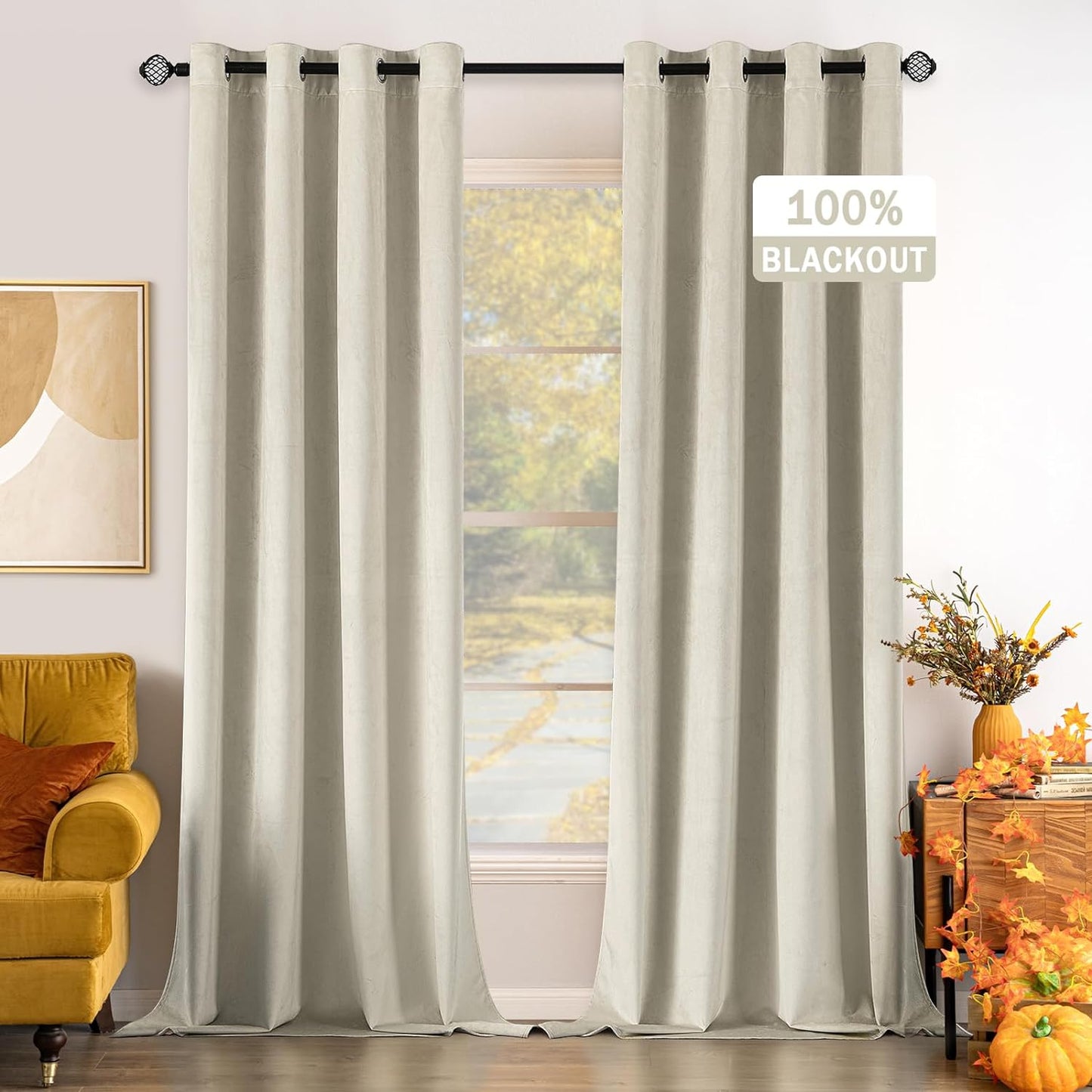 EMEMA Olive Green Velvet Curtains 84 Inch Length 2 Panels Set, Room Darkening Luxury Curtains, Grommet Thermal Insulated Drapes, Window Curtains for Living Room, W52 X L84, Olive Green  EMEMA 100 Blackout/ Ivory White W52" X L96" 