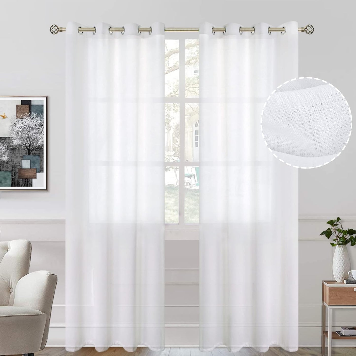 Bgment Natural Linen Look Semi Sheer Curtains for Bedroom, 52 X 54 Inch White Grommet Light Filtering Casual Textured Privacy Curtains for Bay Window, 2 Panels  BGment White 52W X 120L 