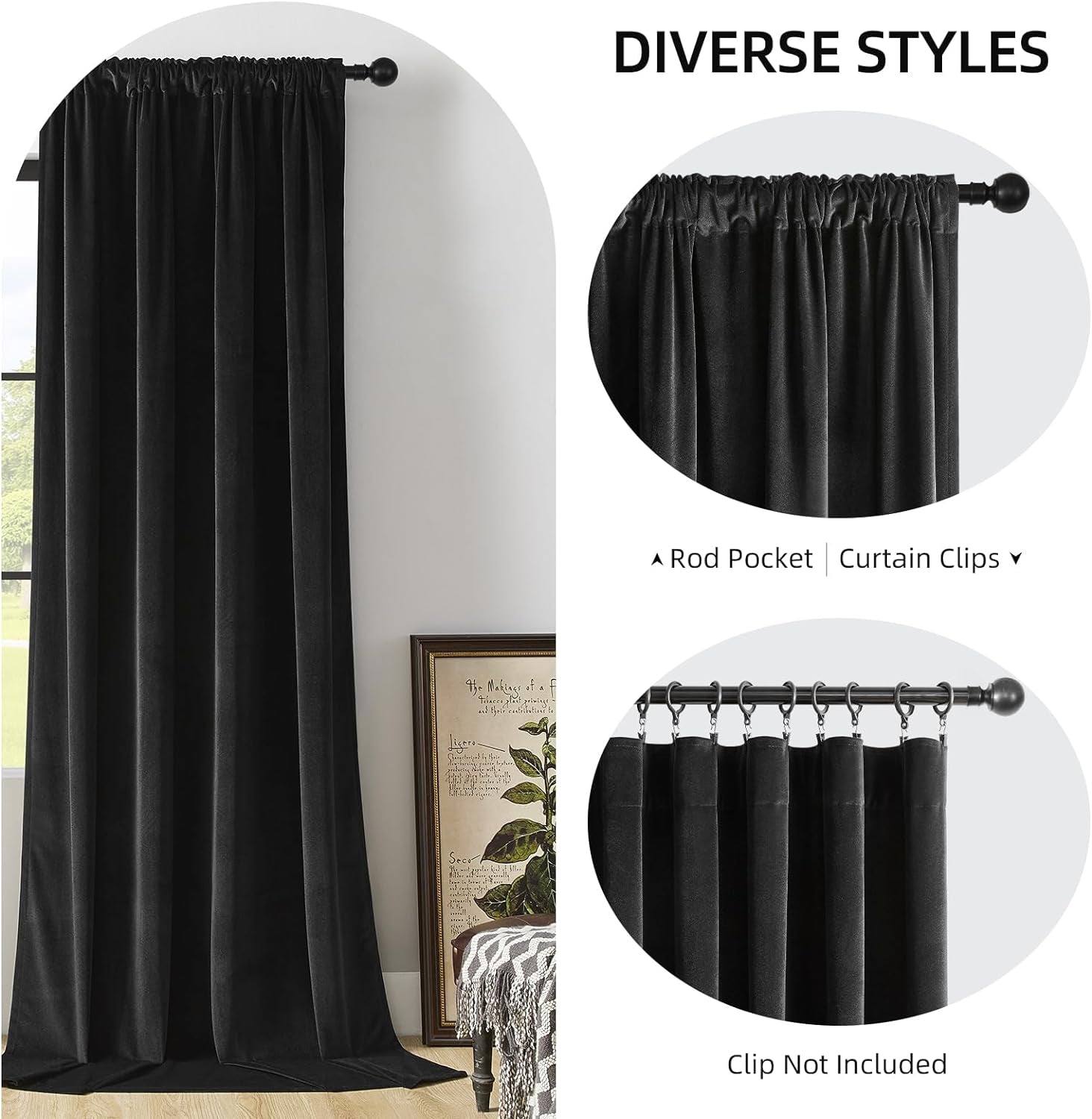 Joydeco Black Velvet Curtains 90 Inch Length 2 Panels, Luxury Blackout Rod Pocket Thermal Insulated Window Curtains, Super Soft Room Darkening Drapes for Living Dining Room Bedroom,W52 X L90 Inches  Joydeco   