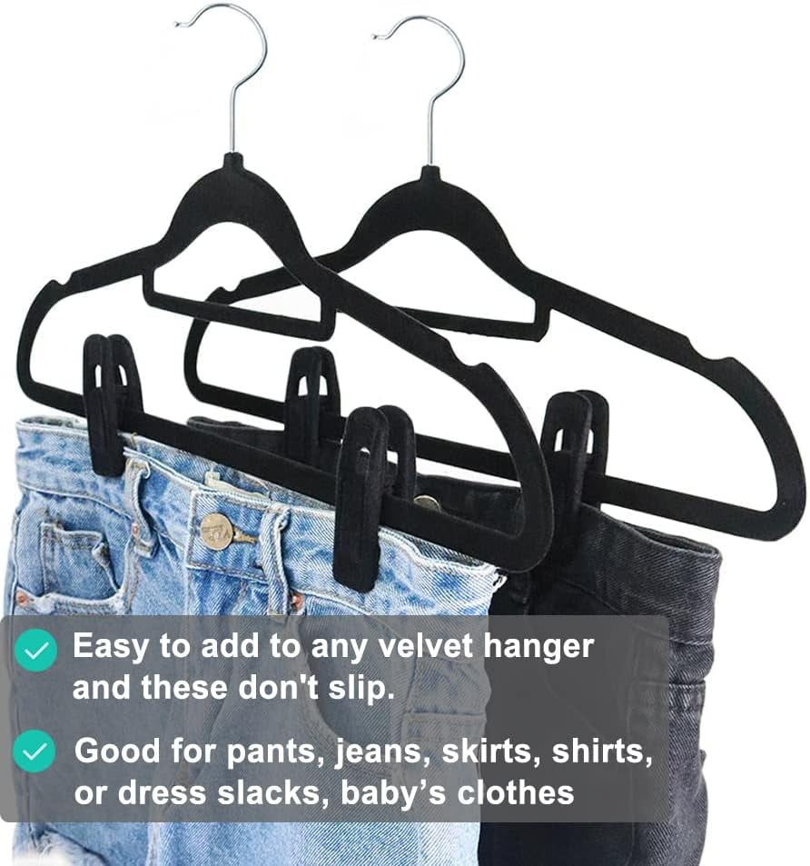 Black Velvet Hangers Clips 40 PCS, Pants Hangers Velvet Clips Easily Add to Velvet Hanger, Skirt Suit Pants Clothes Velvet Hangers, Baby Kids Hangers Clips