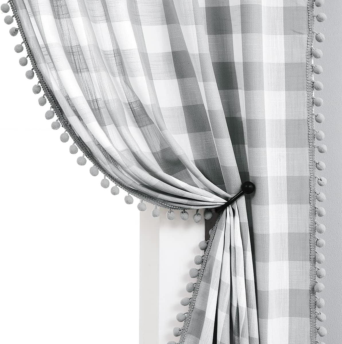 Treatmentex Buffalo Check Curtains 84Inch Farmhouse Pom Pom Drapes for Living Room Vintage Gingham Plaid Semi Sheer Tan Window Curtains for Bedroom Kitchen 2 Panels Rod Pocket Taupe and White  Natural Decoratex Grey And White 40"W X 63"L 2Pcs 