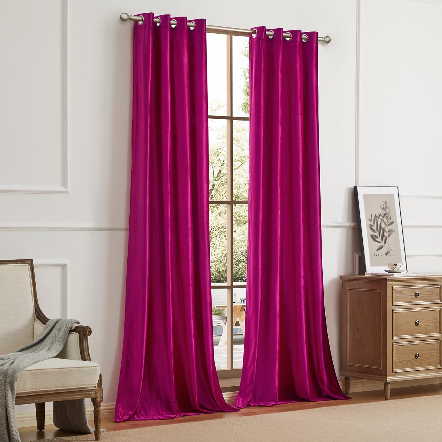 BULBUL Living Room Velvet Window Curtains 84 Inch Length- 2 Panels Hot Pink Blackout Window Drapes Curtains Thermal Insulated Room Darkening Decor Grommet Curtains for Bedroom  BULBUL   