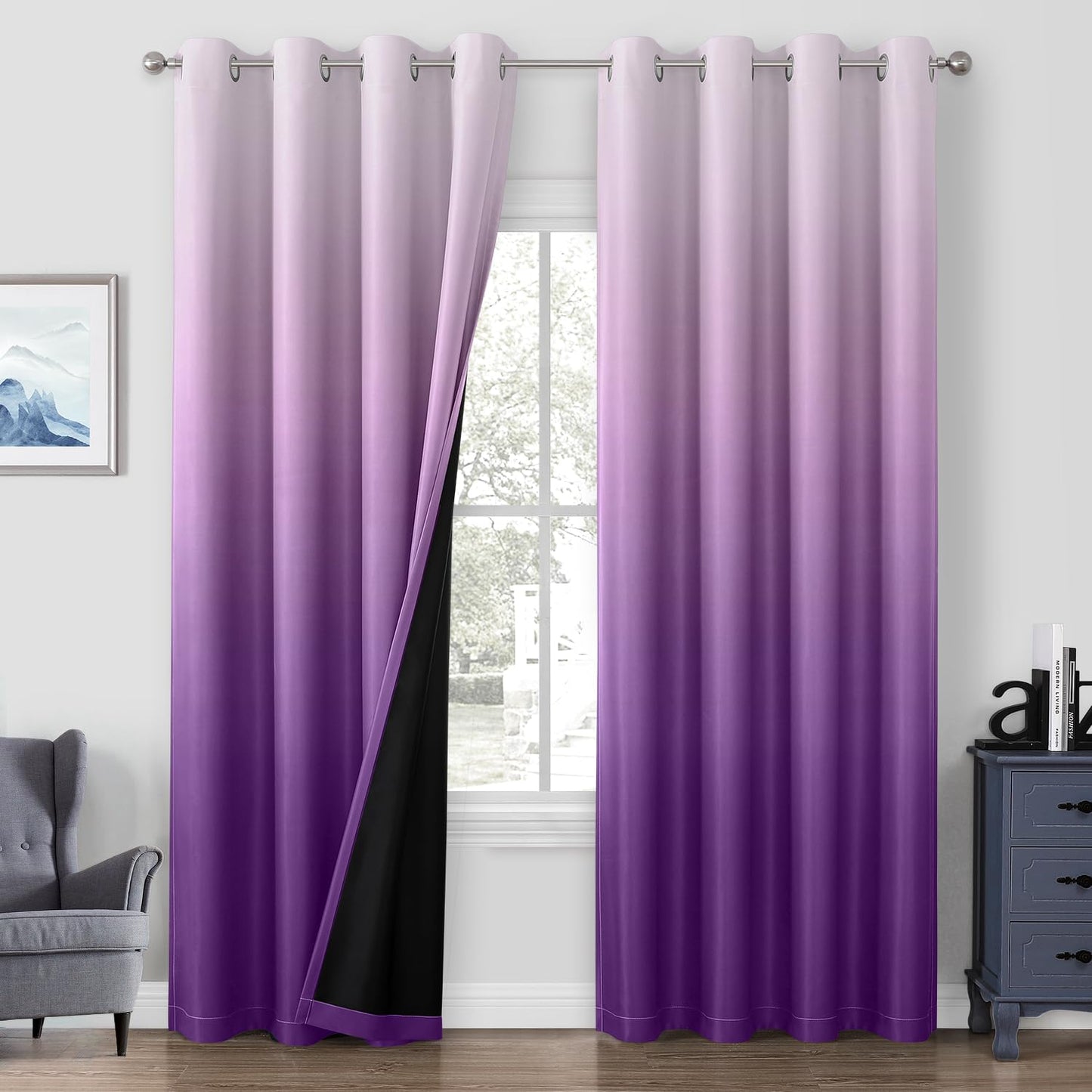 HOMEIDEAS 100% Black Ombre Blackout Curtains for Bedroom, Room Darkening Curtains 52 X 84 Inches Long Grommet Gradient Drapes, Light Blocking Thermal Insulated Curtains for Living Room, 2 Panels  HOMEIDEAS Purple 2 Panel-52" X 96" 