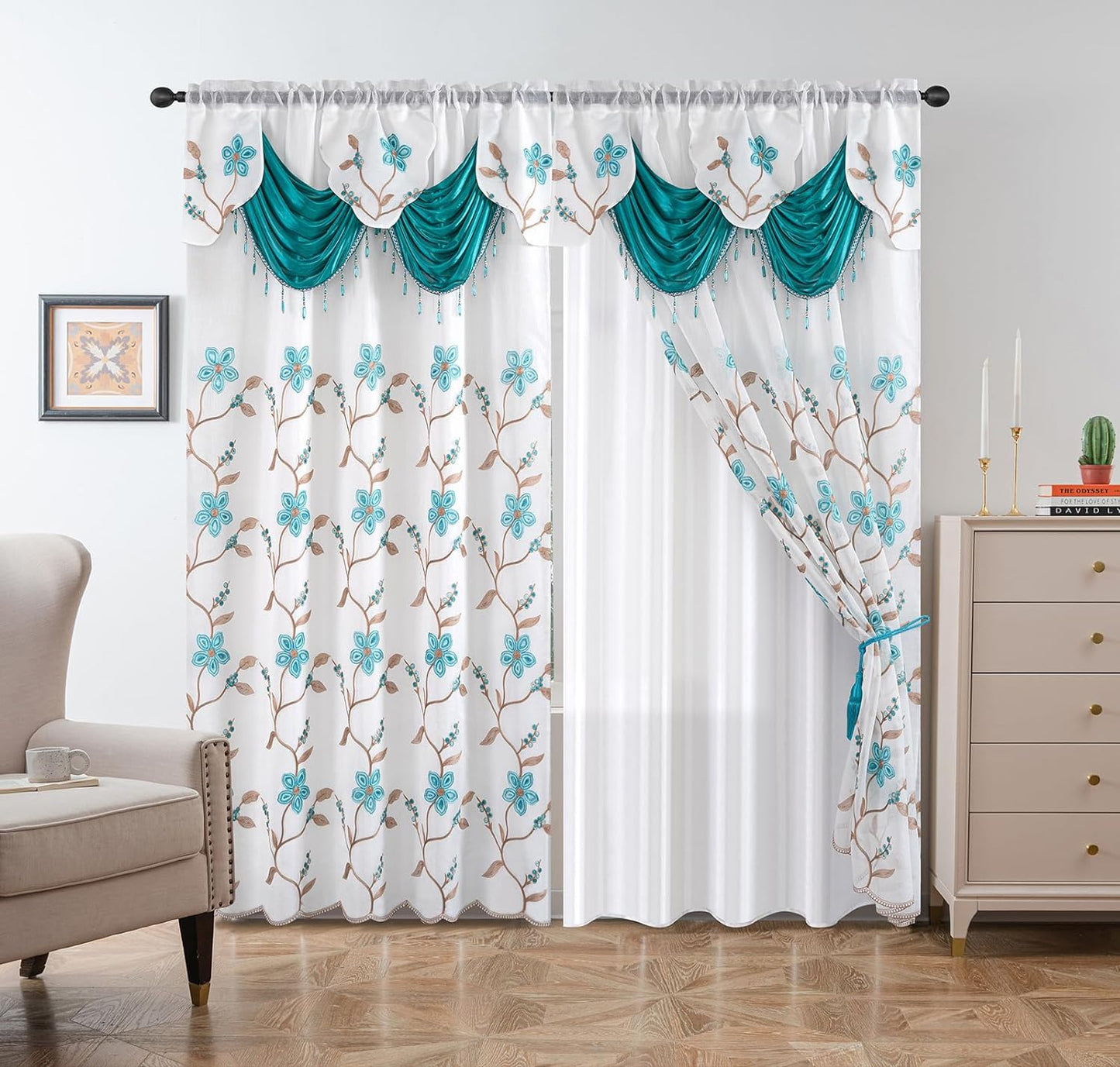 Petrichor Embroidery Sheer Curtain 2 Panels Set - Luxury Window Curtain Attached Valance with Satin Backing and 2 Tie Backs for Living Room,Dining Room, 54X95 Inches, Navy  Petrichor Turquoise 95"L X 54"W 