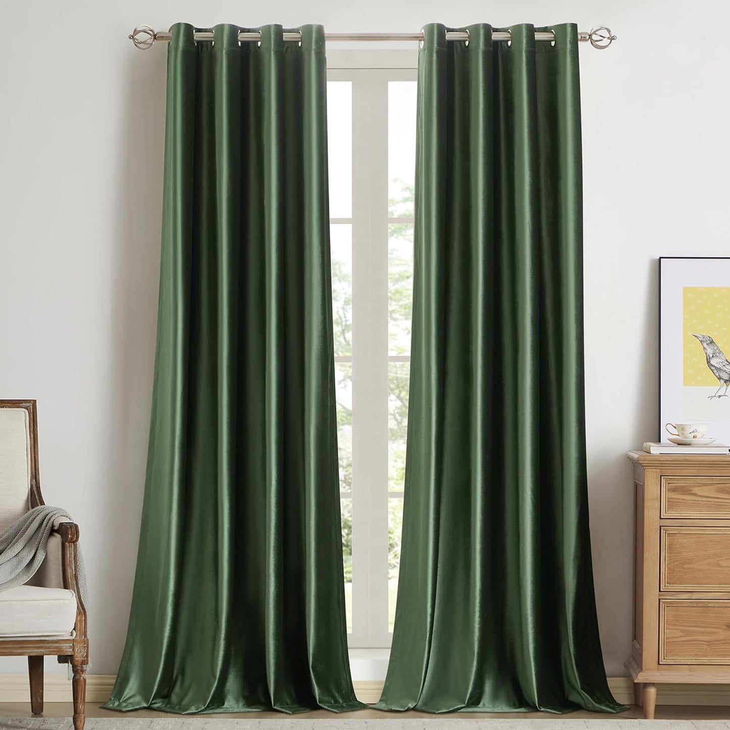 BULBUL Living Room Velvet Window Curtains 84 Inch Length- 2 Panels Hot Pink Blackout Window Drapes Curtains Thermal Insulated Room Darkening Decor Grommet Curtains for Bedroom  BULBUL Olive Green/Emerald Green 52"W X 108"L 