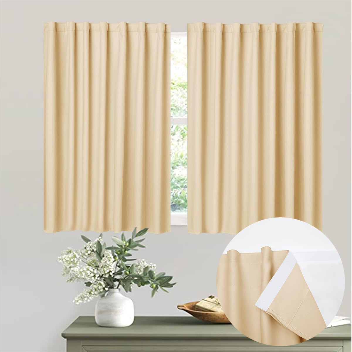 Muamar 2Pcs Blackout Curtains Privacy Curtains 63 Inch Length Window Curtains,Easy Install Thermal Insulated Window Shades,Stick Curtains No Rods, Black 42" W X 63" L  Muamar Beige 29"W X 36"L 