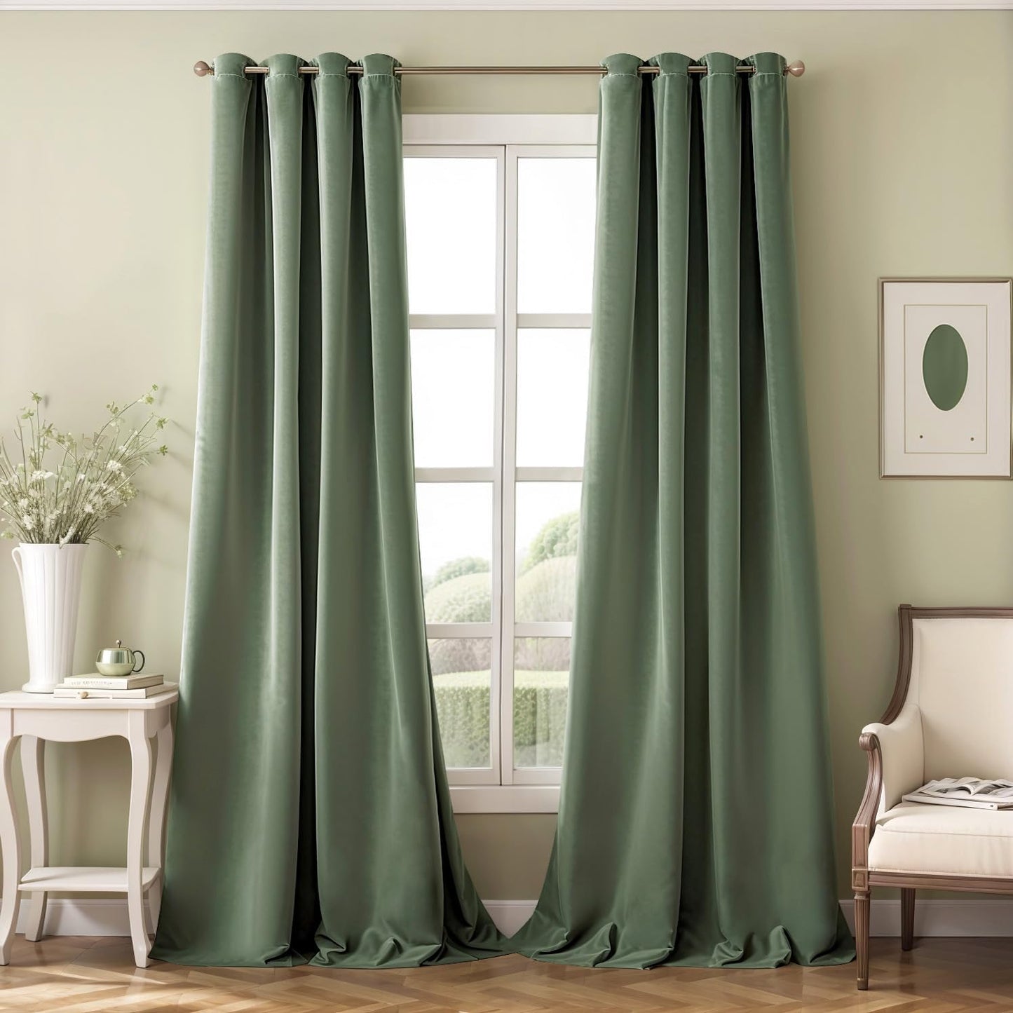 MIULEE Velvet Curtains Olive Green Elegant Grommet Curtains Thermal Insulated Soundproof Room Darkening Curtains/Drapes for Classical Living Room Bedroom Decor 52 X 84 Inch Set of 2  MIULEE Sage Green W52 X L96 