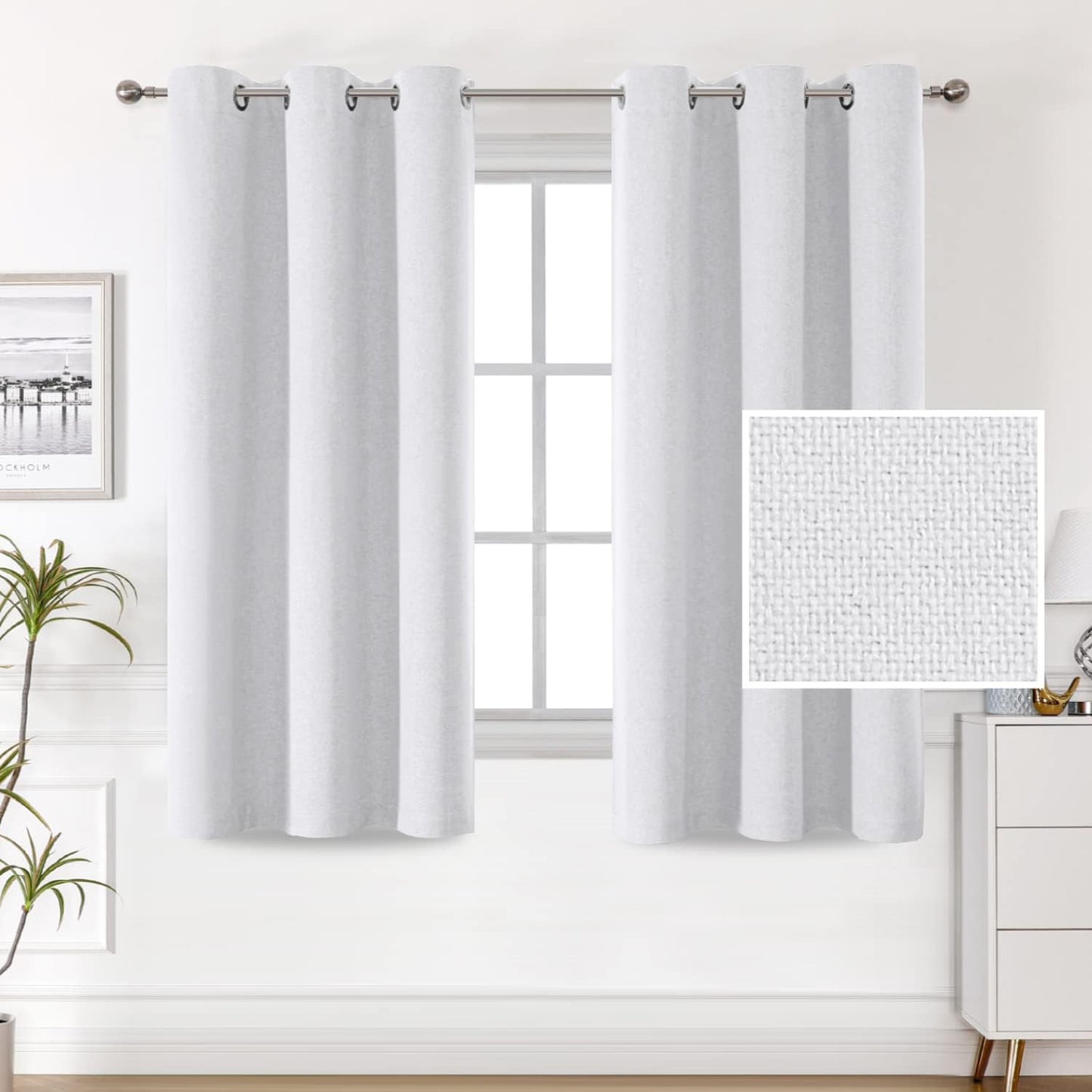 H.VERSAILTEX 100% Blackout Linen Look Curtains Thermal Insulated Curtains for Living Room Textured Burlap Drapes for Bedroom Grommet Linen Noise Blocking Curtains 42 X 84 Inch, 2 Panels - Sage  H.VERSAILTEX White 42"W X 63"L 