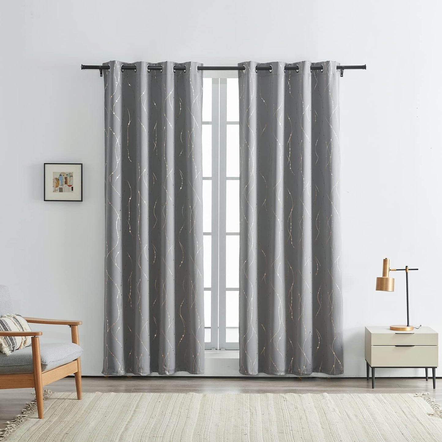 SMILE WEAVER Black Blackout Curtains for Bedroom 72 Inch Long 2 Panels,Room Darkening Curtain with Gold Print Design Noise Reducing Thermal Insulated Window Treatment Drapes for Living Room  SMILE WEAVER Light Grey Gold 52Wx63L 