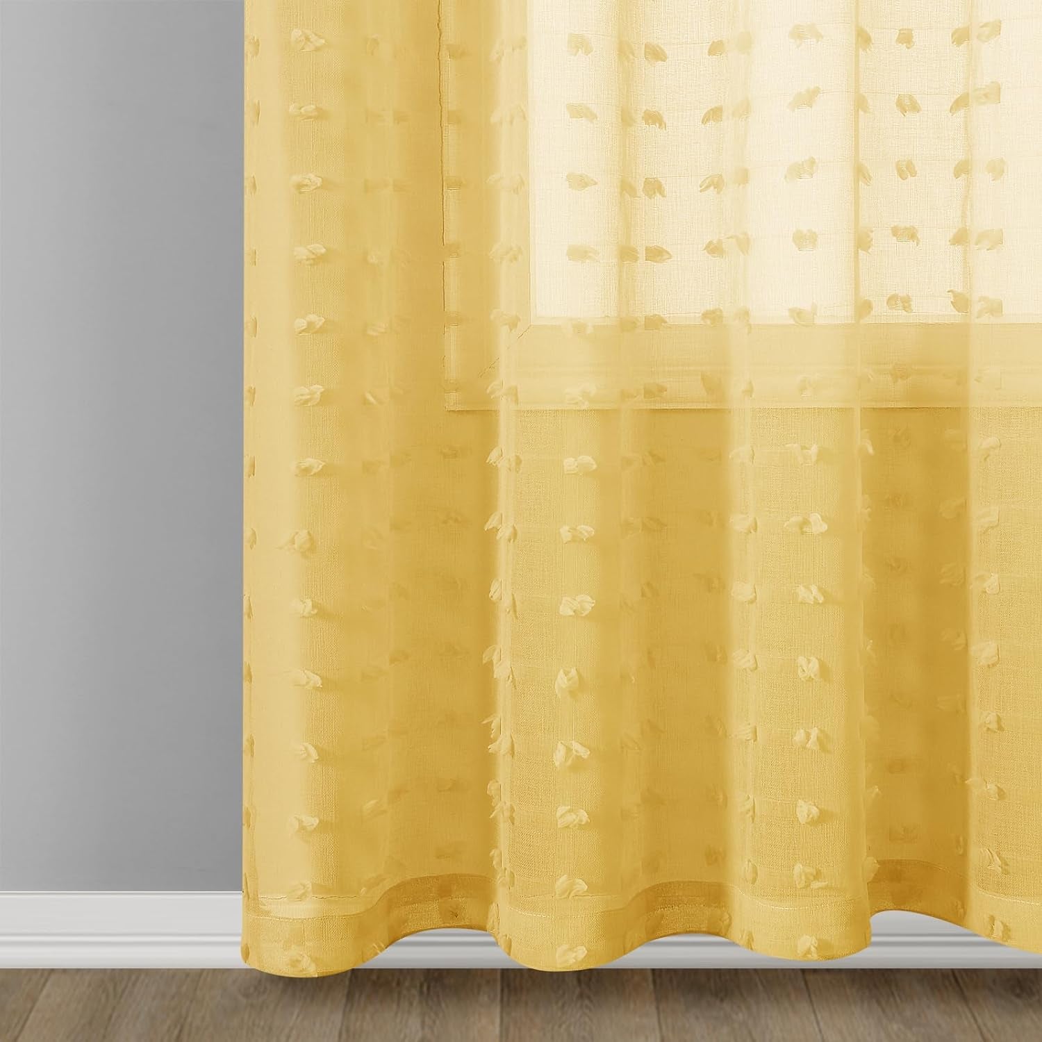 Guken Yellow Semi Sheer Curtains 90 Inches Long for Kids Bedroom Living Room Dining Room Textured Light Filtering Back Tab Rod Pocket Butterfly Cute Pom Pom Boho Drapes,52X90 Inches,2 Panels  Guken   