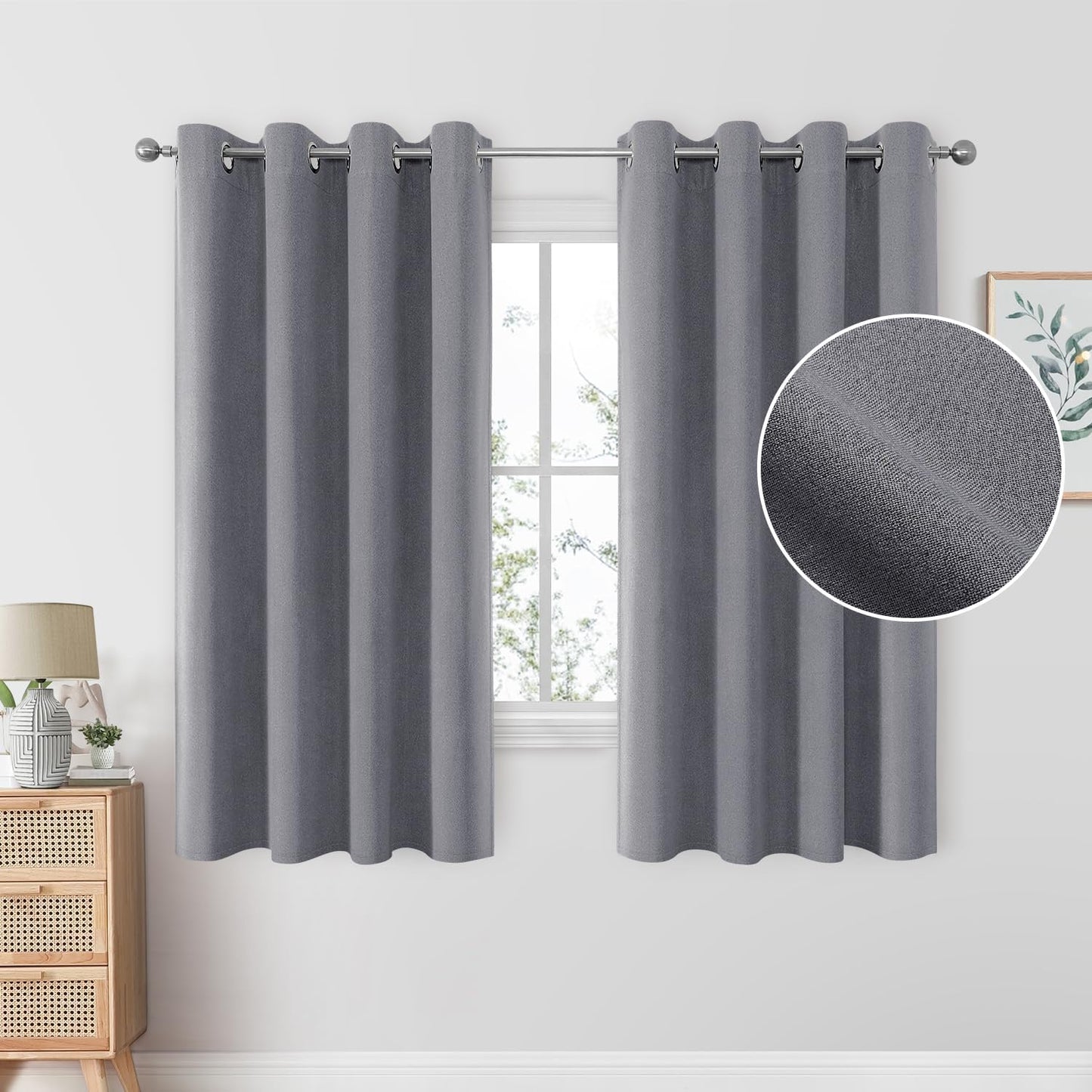 HOMEIDEAS 100% Blush Pink Linen Blackout Curtains for Bedroom, 52 X 84 Inch Room Darkening Curtains for Living, Faux Linen Thermal Insulated Full Black Out Grommet Window Curtains/Drapes  HOMEIDEAS Grey W52" X L63" 