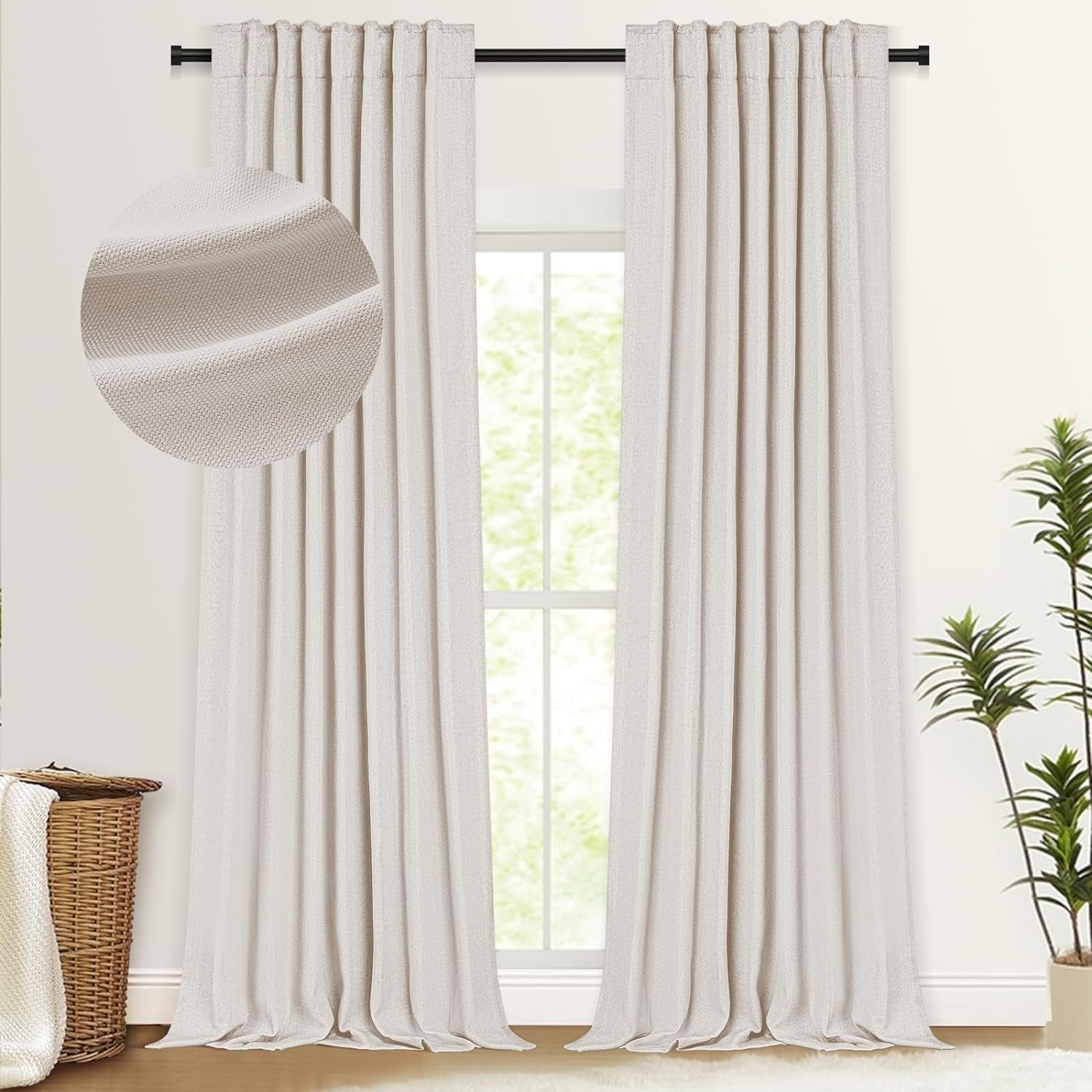 100% Blackout Shield Faux Linen Blackout Curtains for Bedroom 84 Inch Length 2 Panels Set, Cream Curtains with Back Tab/Rod Pocket, Thermal Insulated Drapes for Living Room, 50" W X 84" L, Cream  100% Blackout Shield Birch 50''W X 84''L 