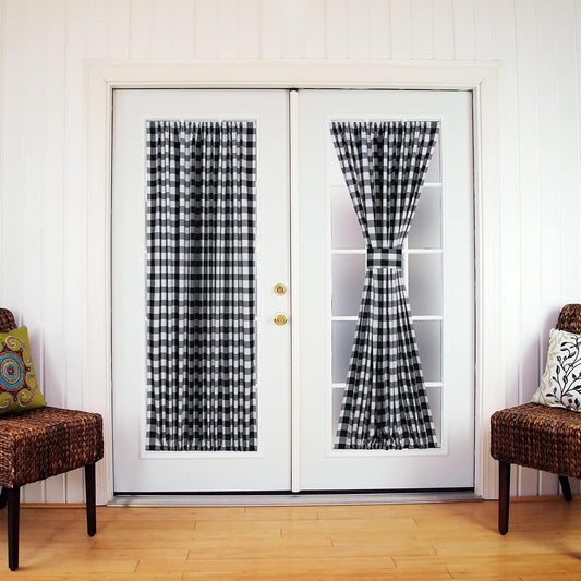 Rloncomix French Door Curtains Buffalo Plaid Window Curtains Rod Pocket Farmhouse Sidelight Curtains for Glass Door 72 Inch Long 2 Panels with Tieback, Black/White  BAIHT HOME   