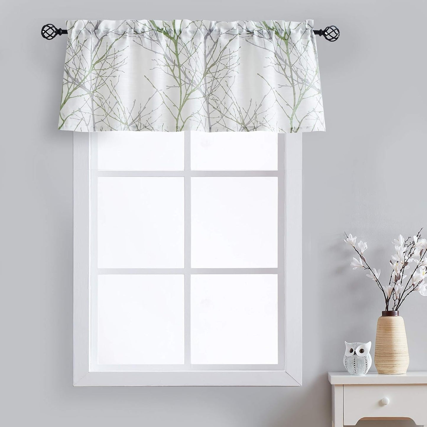 FMFUNCTEX Blue White Curtains for Kitchen Living Room 72“ Grey Tree Branches Print Curtain Set for Small Windows Linen Textured Semi-Sheer Drapes for Bedroom Grommet Top, 2 Panels  Fmfunctex Green 50" X 18" 1Pc 