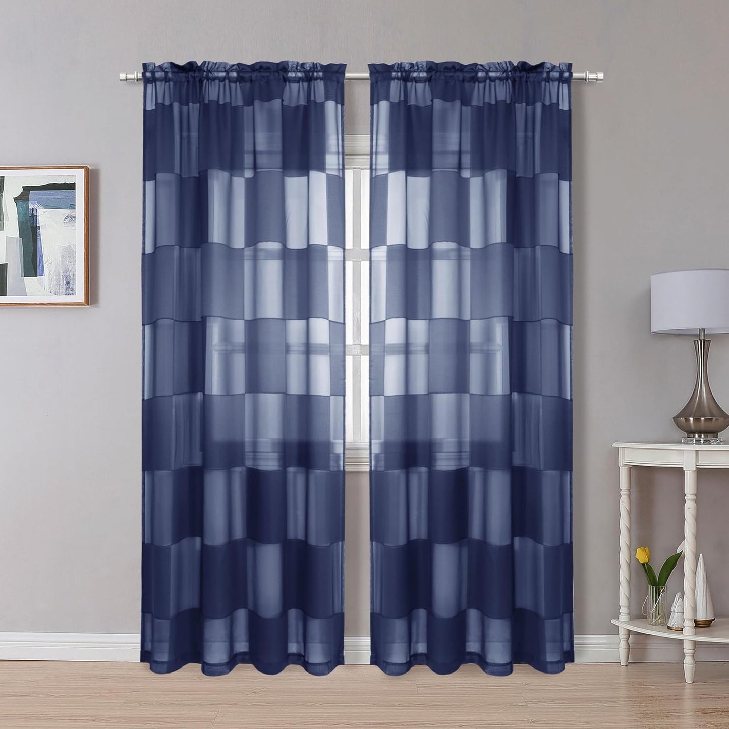 OVZME Sage Green Sheer Bedroom Curtains 84 Inch Length 2 Panels Set, Dual Rod Pocket Clip Checkered Window Curtains for Living Room, Light Filtering & Privacy Sheer Green Drapes, Each 42W X 84L  OVZME Navy Blue 42W X 72L 