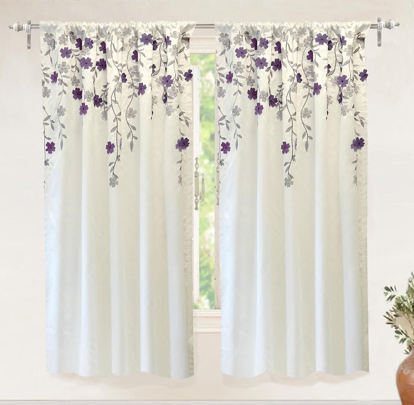Driftaway Aubree Weeping Flower Print Thermal Room Darkening Privacy Window Curtain for Bedroom Living Room Rod Pocket 2 Panels 52 Inch by 84 Inch Blue  DriftAway One Panel Ivory Purple 50"X63" 