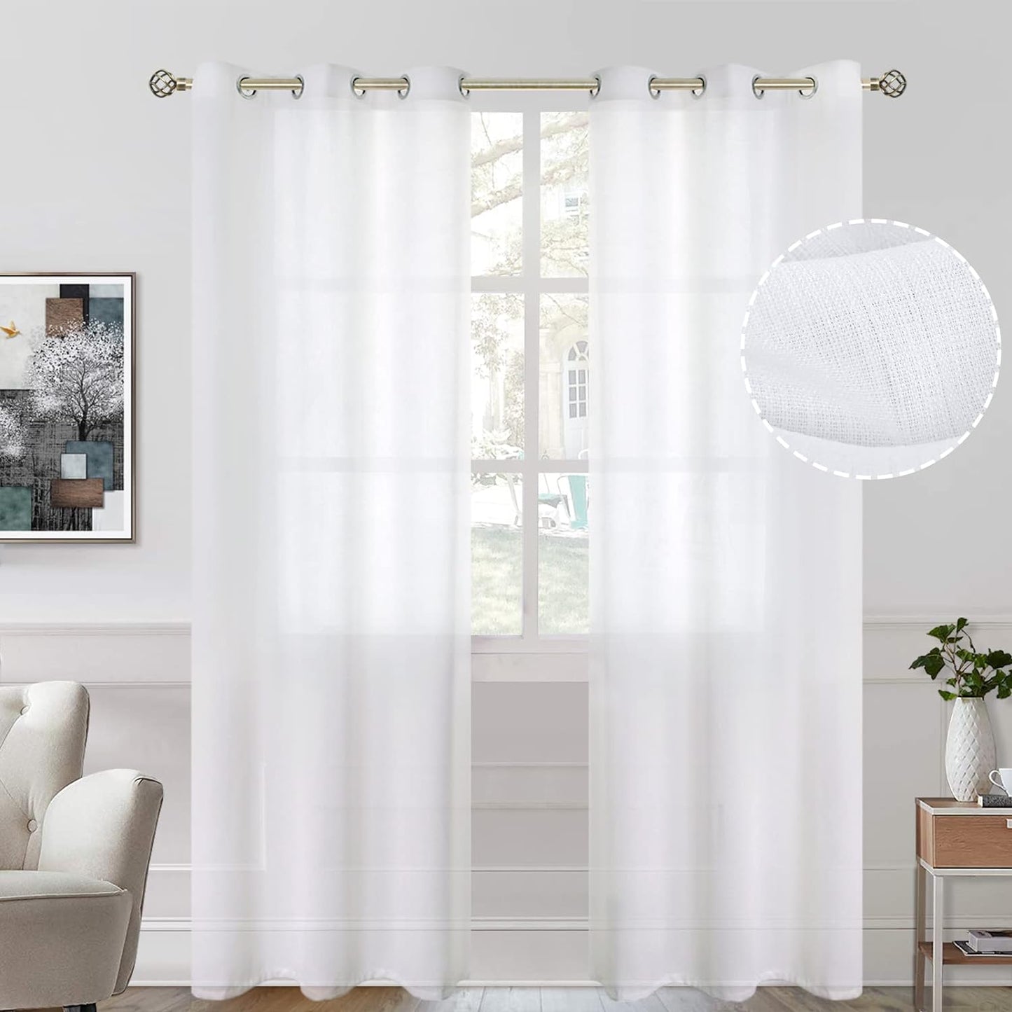 Bgment Natural Linen Look Semi Sheer Curtains for Bedroom, 52 X 54 Inch White Grommet Light Filtering Casual Textured Privacy Curtains for Bay Window, 2 Panels  BGment White 42W X 95L 