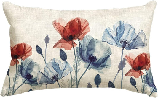 AVOIN Colorlife 4Th of July Red and Blue Poppy Floral Throw Pillow Cover, 12 X 20 Inch Memorial Day Independence Day Patriotic Decor Cushion Case for Sofa Couch
