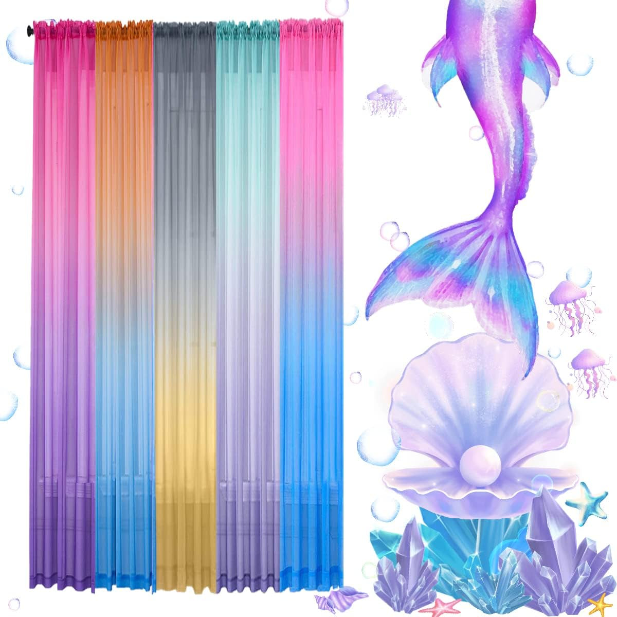 Yancorp 2 Panel Sets Semi Bedroom Curtains 63 Inch Length Sheer Rod Pocket Curtain Linen Teal Turquoise Purple Ombre Girls Living Room Mermaid Bedroom Nursery Kids Decor (Turquoise Purple, 40"X63")  Yancorp   