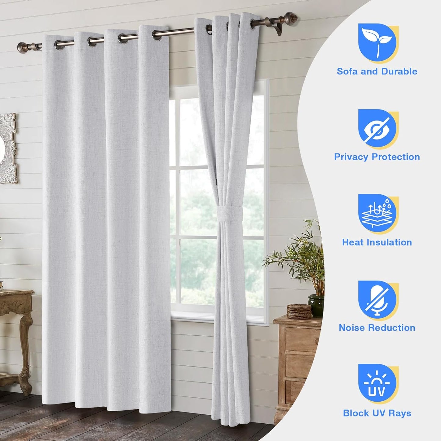 Timeles 100% Blackout Window Curtains 84 Inch Length for Living Room Textured Linen Curtains Sliver Grommet Pinch Pleated Room Darkening Curtain with White Liner/Ties(2 Panel W52 X L84, Ivory)  Timeles   