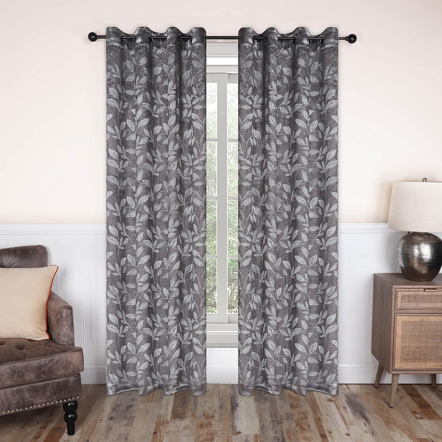 Superior Blackout Curtains, Room Darkening Window Accent for Bedroom, Sun Blocking, Thermal, Modern Bohemian Curtains, Leaves Collection, Set of 2 Panels, Rod Pocket - 52 in X 63 In, Nickel Black  Home City Inc. Nickel Black 52 In X 108 In (W X L) 