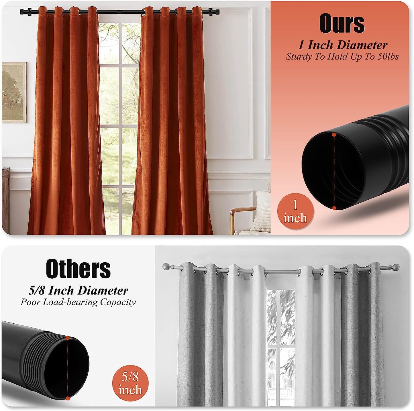 1 Inch Curtain Rods for Windows, 32 to 86 Inch Black Rustic Curtain Rod Set, Modern Design Drapery Rods with Brackets Room Divider Rods, Industrial Window Rods for Indoor and Outdoor