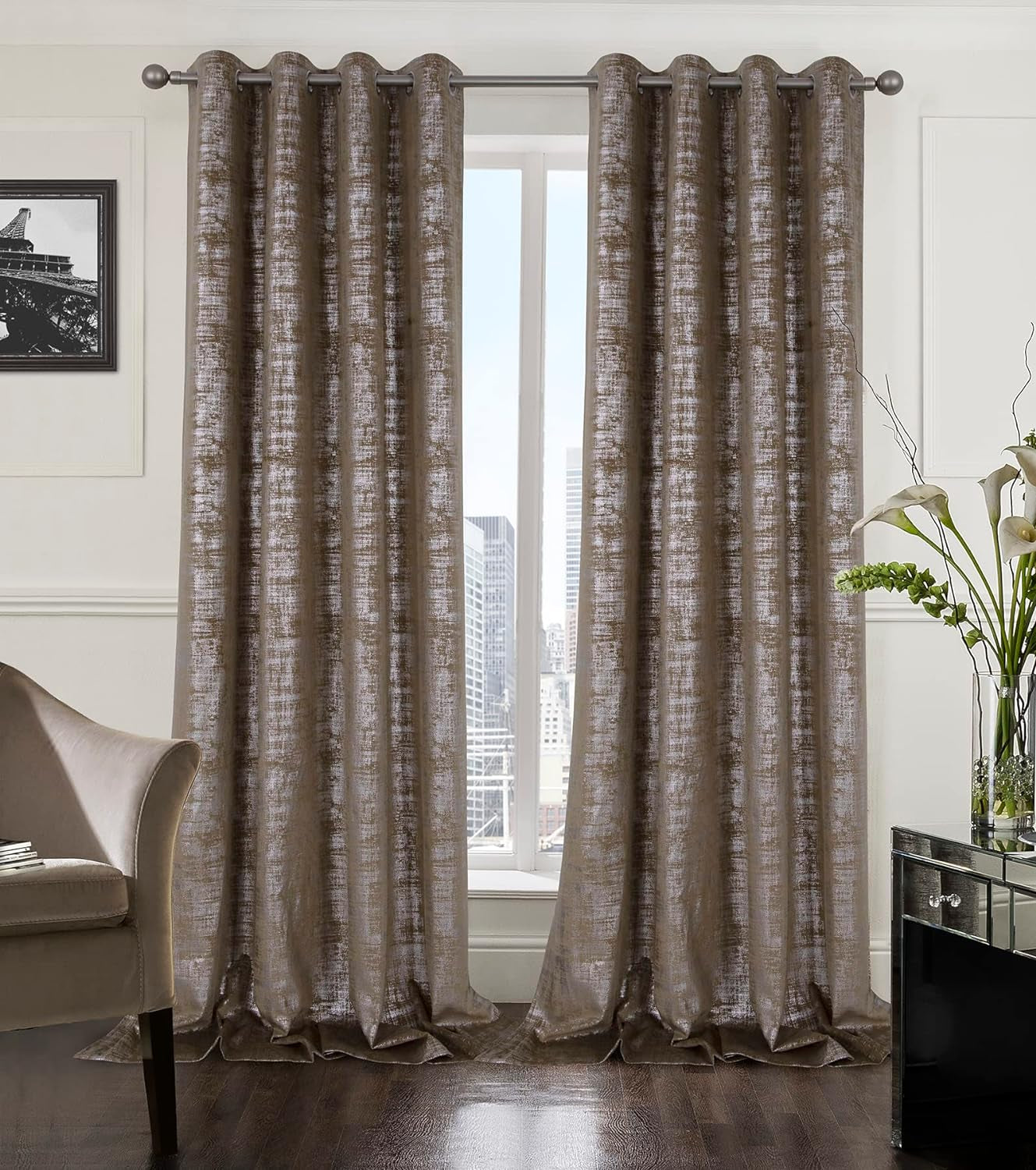Always4U Soft Velvet Curtains 95 Inch Length Luxury Bedroom Curtains Gold Foil Print Window Curtains for Living Room 1 Panel White  always4u Mocha (Silver Print) 2 Panels: 52''W*108''L 