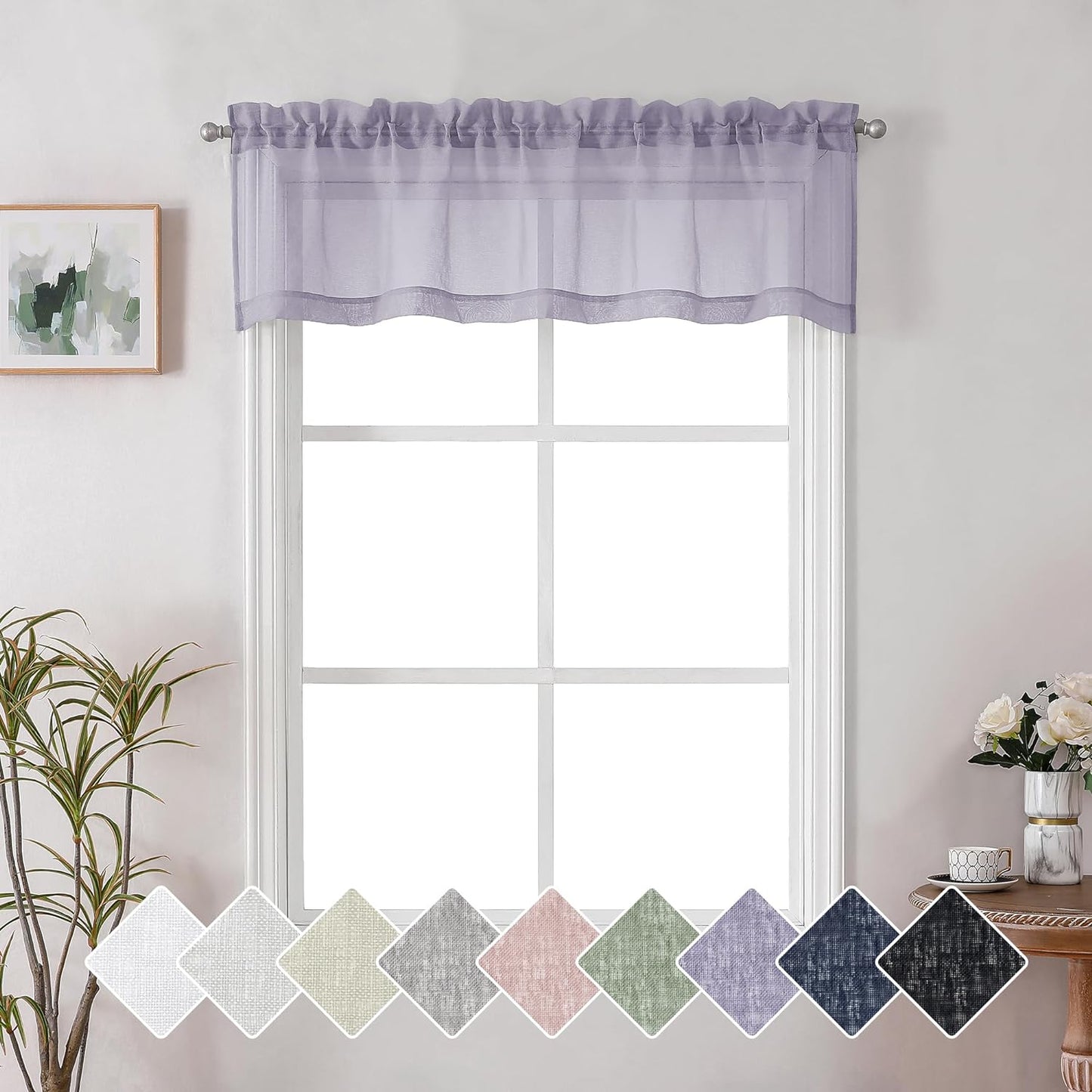 Lecloud Doris Faux Linen Sheer Grey Valance Curtains 14 Inches Length, Cafe Kitchen Bedroom Living Room Gauzy Silver Grey Curtain for Small Window, Slub Light Gray Valance Dual Rod Pockets 60X14 Inch  Lecloud Lavender 60 W X 14 L 