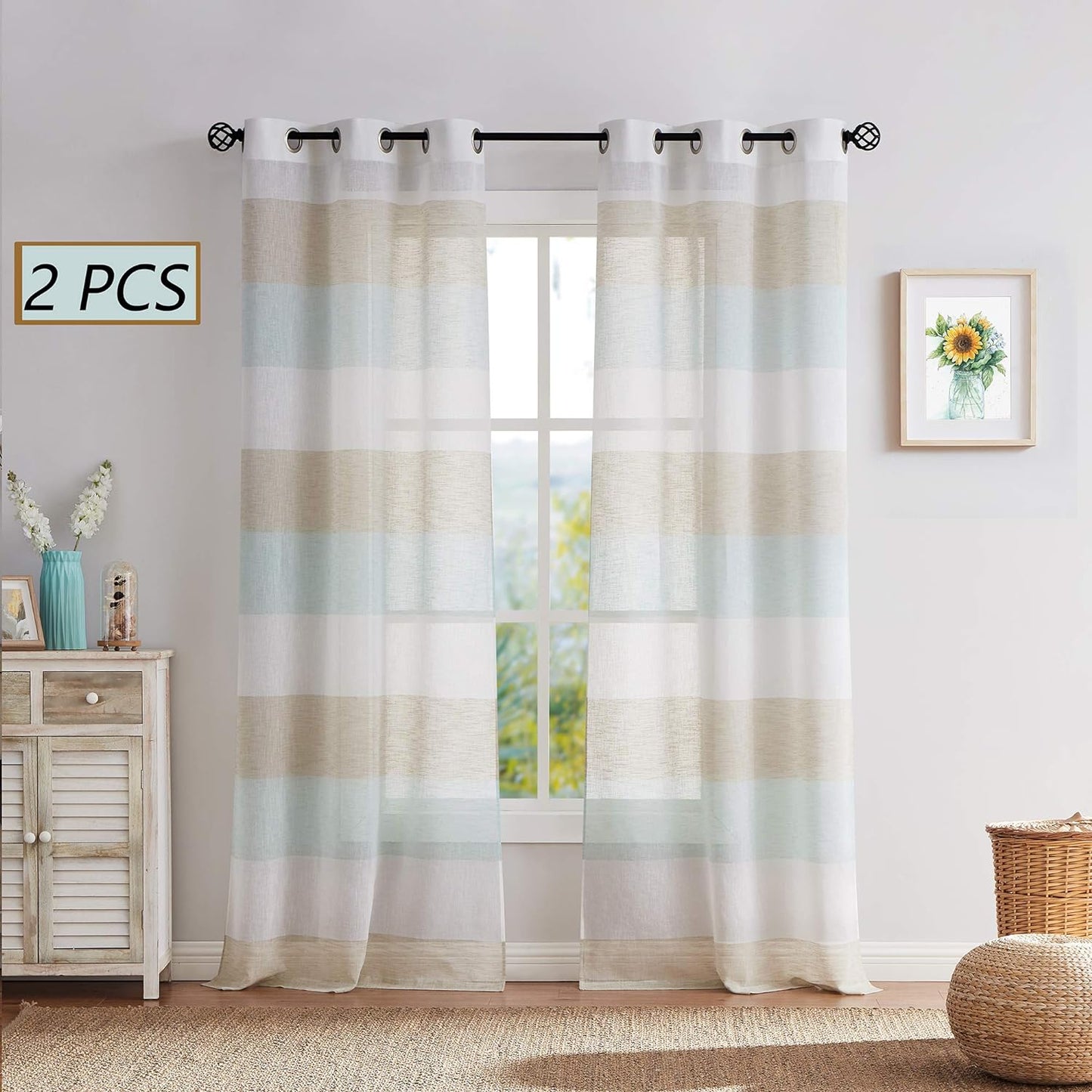 Central Park Gray Tan Stripe Sheer Color Block Window Curtain Panel Linen Window Treatment for Bedroom Living Room Farmhouse 84 Inches Long with Grommets, 2 Panel Rustic Drapes  Central Park Tan/Spa Blue 40"X72"X2 