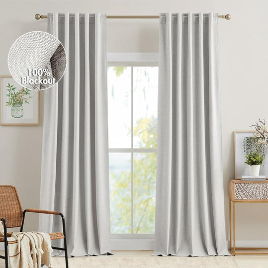 EMEMA 100% Blackout Curtains, 96 Inch Curtains 2 Panel Set, Linen Curtains for Bedroom Living Room Darkening, Rod Pocket and Back Tab Window Drapes, Full Black Out Linen Curtains & Drapes, Beige  EMEMA Beige W52 X L108 