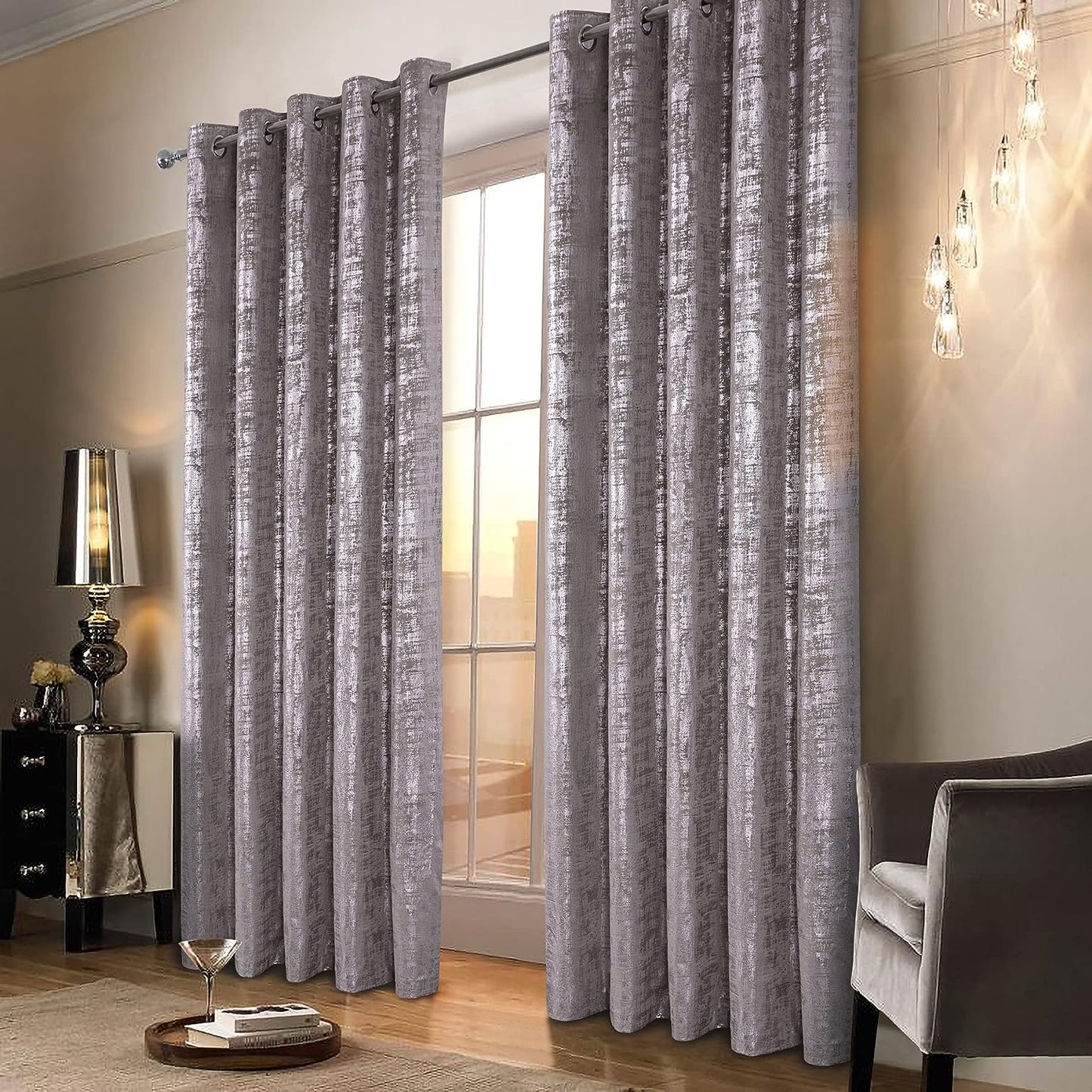 Always4U Soft Velvet Curtains 95 Inch Length Luxury Bedroom Curtains Gold Foil Print Window Curtains for Living Room 1 Panel White  always4u Champagne (Silver Print) 2 Panels: 52''W*95''L 