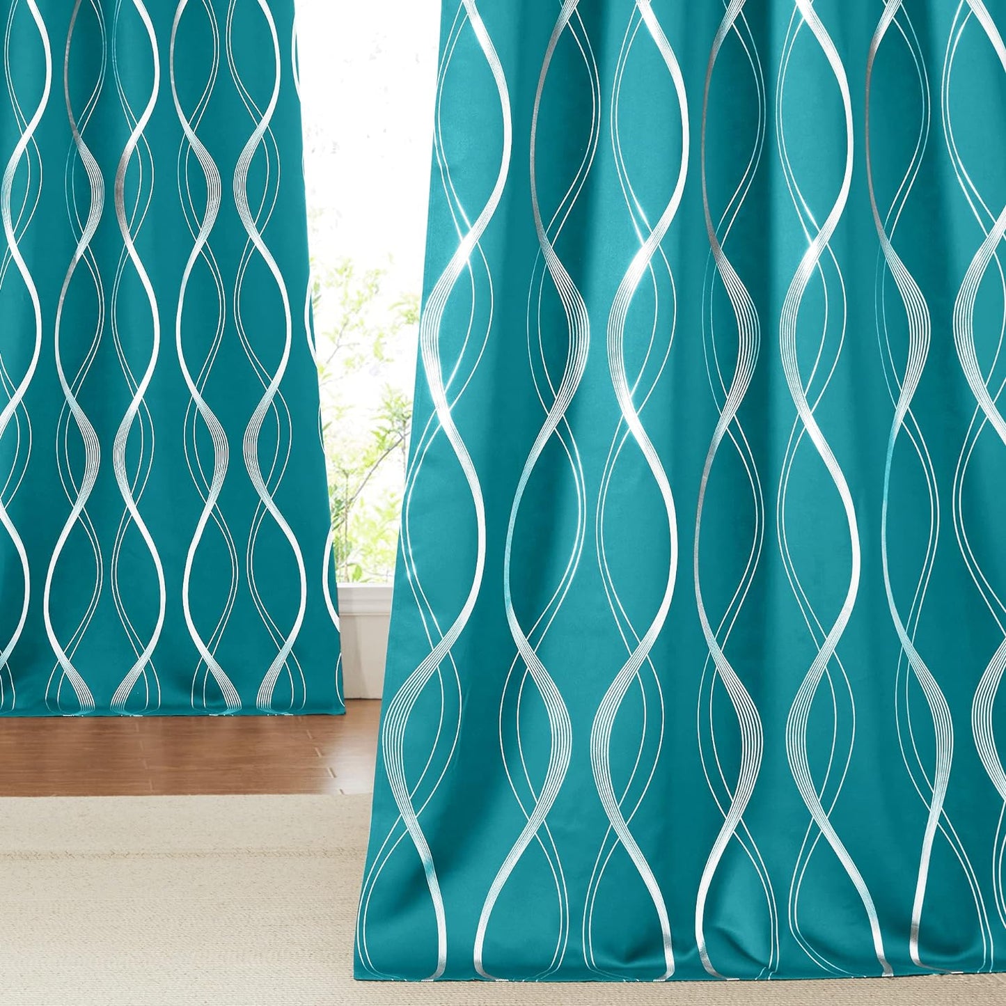 NICETOWN Grey Blackout Curtains 84 Inch Length 2 Panels Set for Bedroom/Living Room, Noise Reducing Thermal Insulated Wave Line Foil Print Drapes for Patio Sliding Glass Door (52 X 84, Gray)  NICETOWN Peacock Teal 52"W X 84"L 