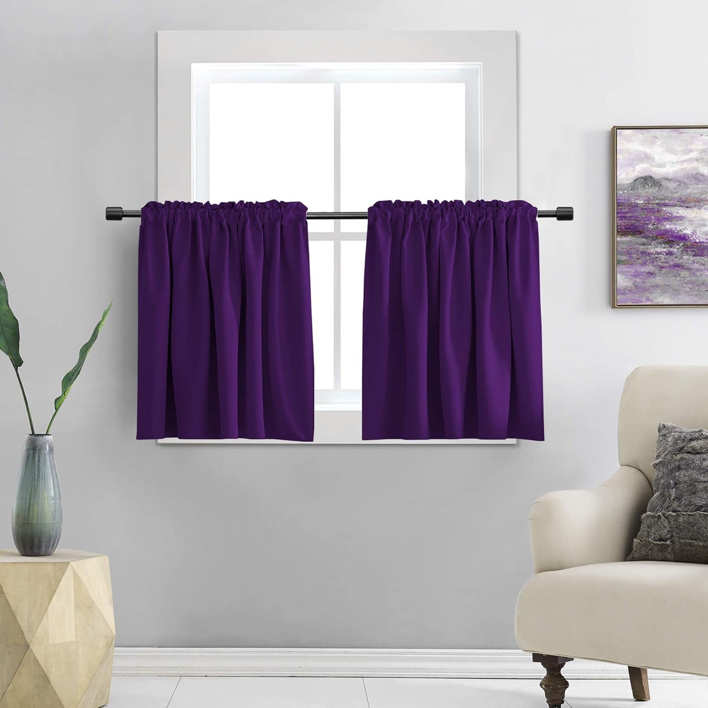 DONREN 24 Inch Length Curtains- 2 Panels Blackout Thermal Insulating Small Curtain Tiers for Bathroom with Rod Pocket (Black,42 Inch Width)  DONREN Royal Purple 42" X 30" 