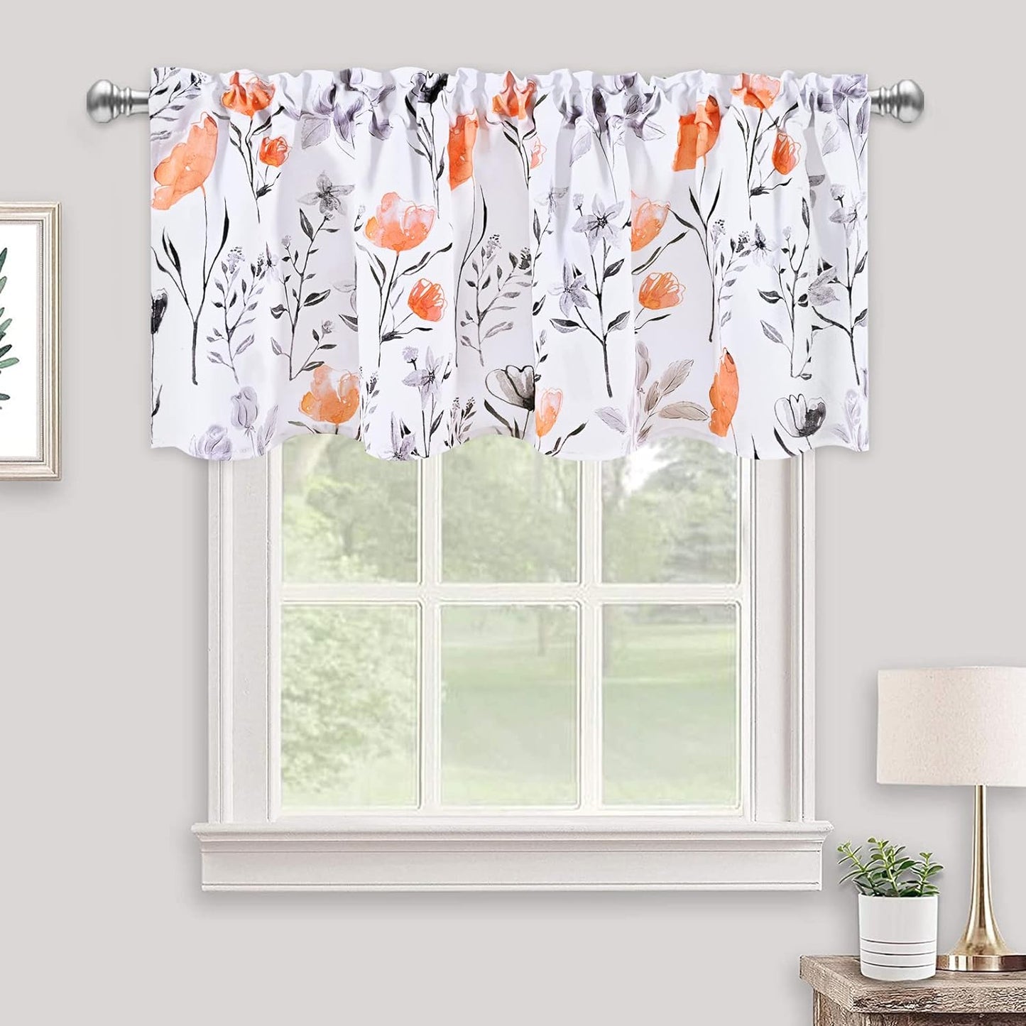 Likiyol Floral Kithchen Curtains 36 Inch Watercolor Flower Leaves Tier Curtains, Yellow and Gray Floral Cafe Curtains, Rod Pocket Small Window Curtain for Cafe Bathroom Bedroom Drapes  Likiyol Orange 18"L X 52"W 