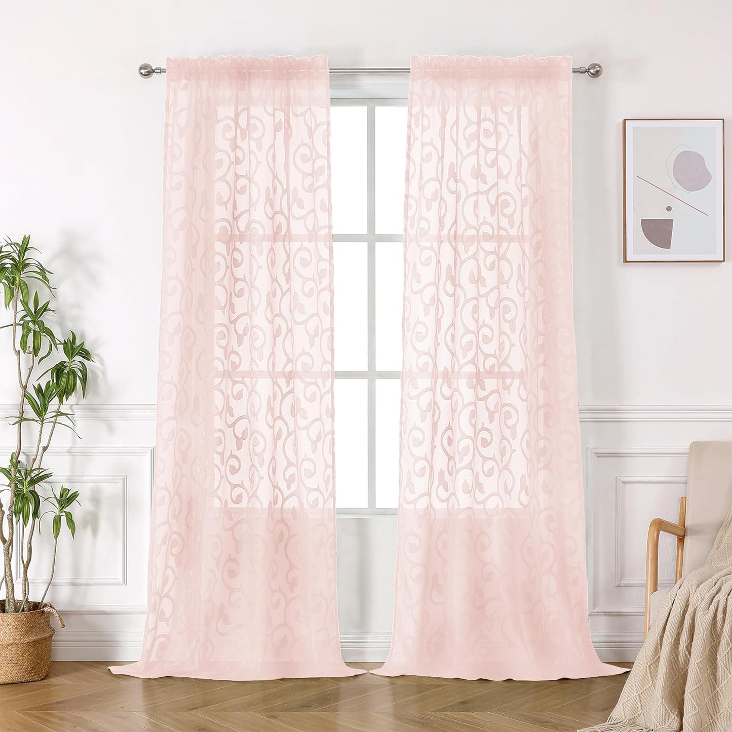 OWENIE Furman Sheer Curtains 84 Inches Long for Bedroom Living Room 2 Panels Set, Light Filtering Window Curtains, Semi Transparent Voile Top Dual Rod Pocket, Grey, 40Wx84L Inch, Total 84 Inches Width  OWENIE Blush 40W X 96L 