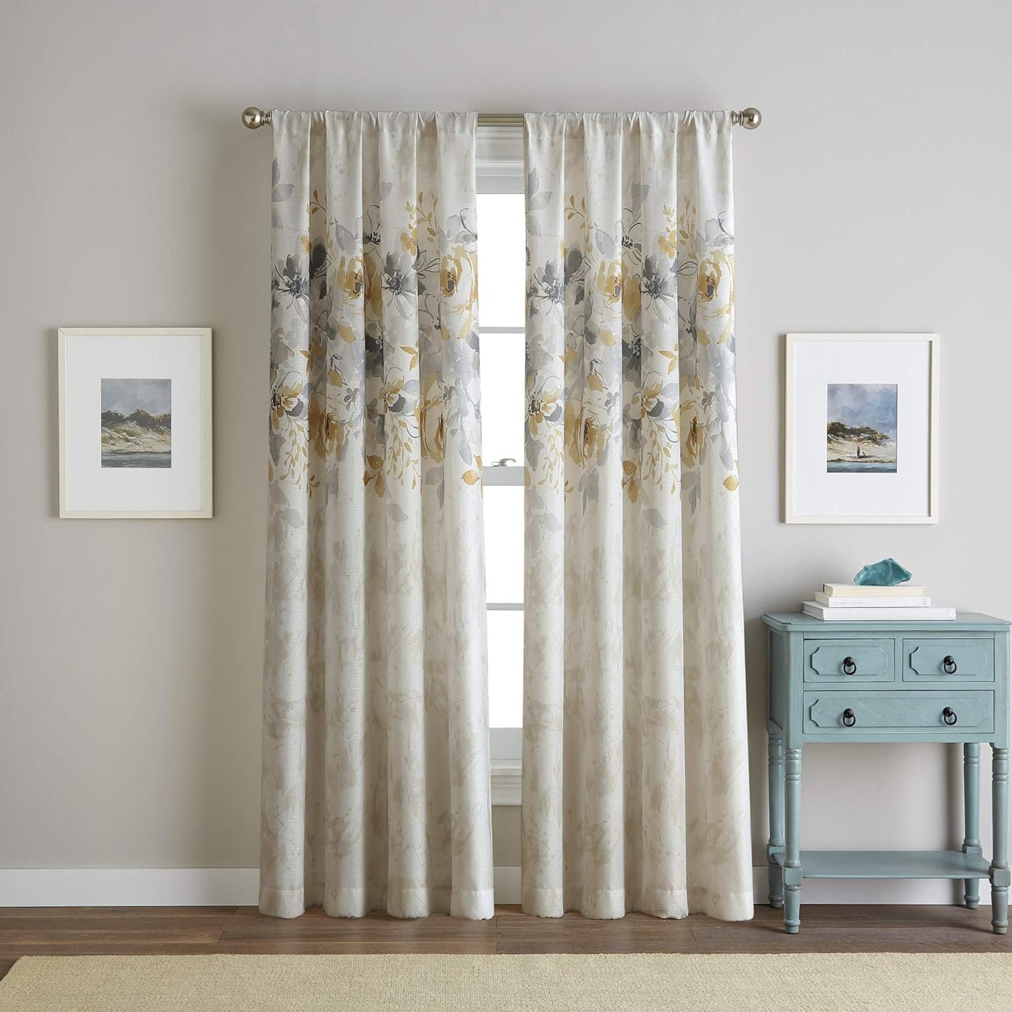 CHF Watercolor Floral Print Flip over Rod Pocket Single Curtain Panel, 84 In, Gold  CHF Industries   