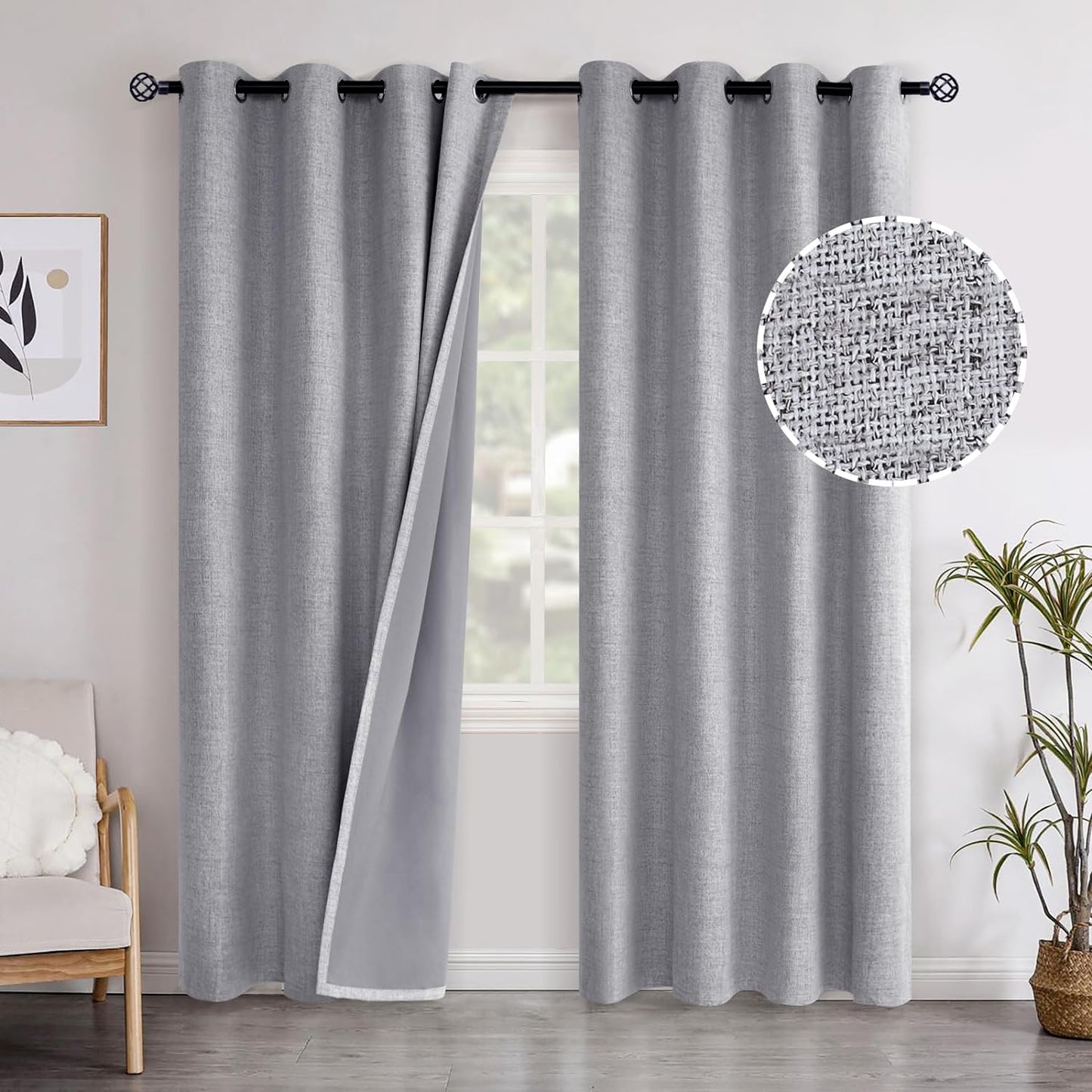 Youngstex Linen Blackout Curtains 63 Inch Length, Grommet Darkening Bedroom Curtains Burlap Linen Window Drapes Thermal Insulated for Basement Summer Heat, 2 Panels, 52 X 63 Inch, Beige  YoungsTex Grey 52W X 95L 