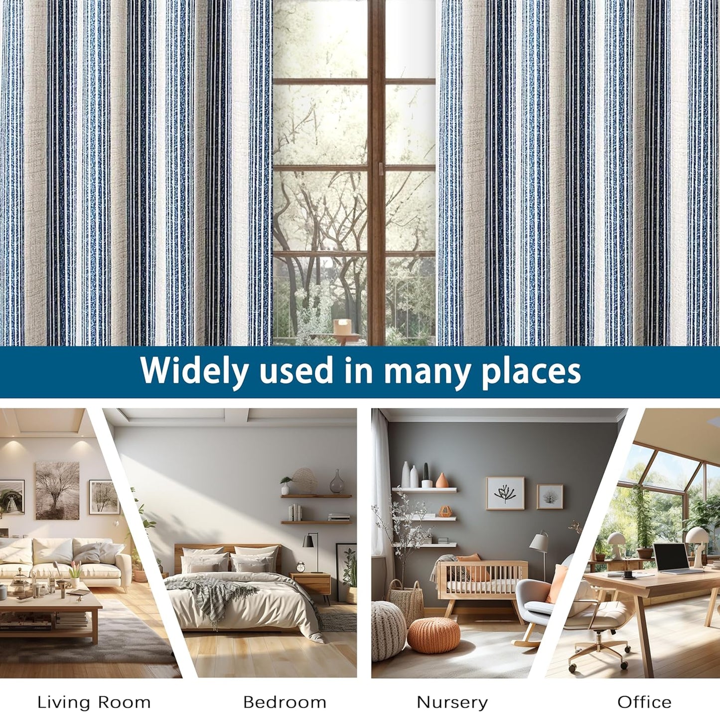 Driftaway Chris Vertical Striped Pattern Linen Blend Lined Thermal Insulated Blackout and Room Darkening Grommet Linen Curtains for Farmhouse Printed 2 Panels 52 Inch by 96 Inch Jean Navy Curtain  DriftAway   