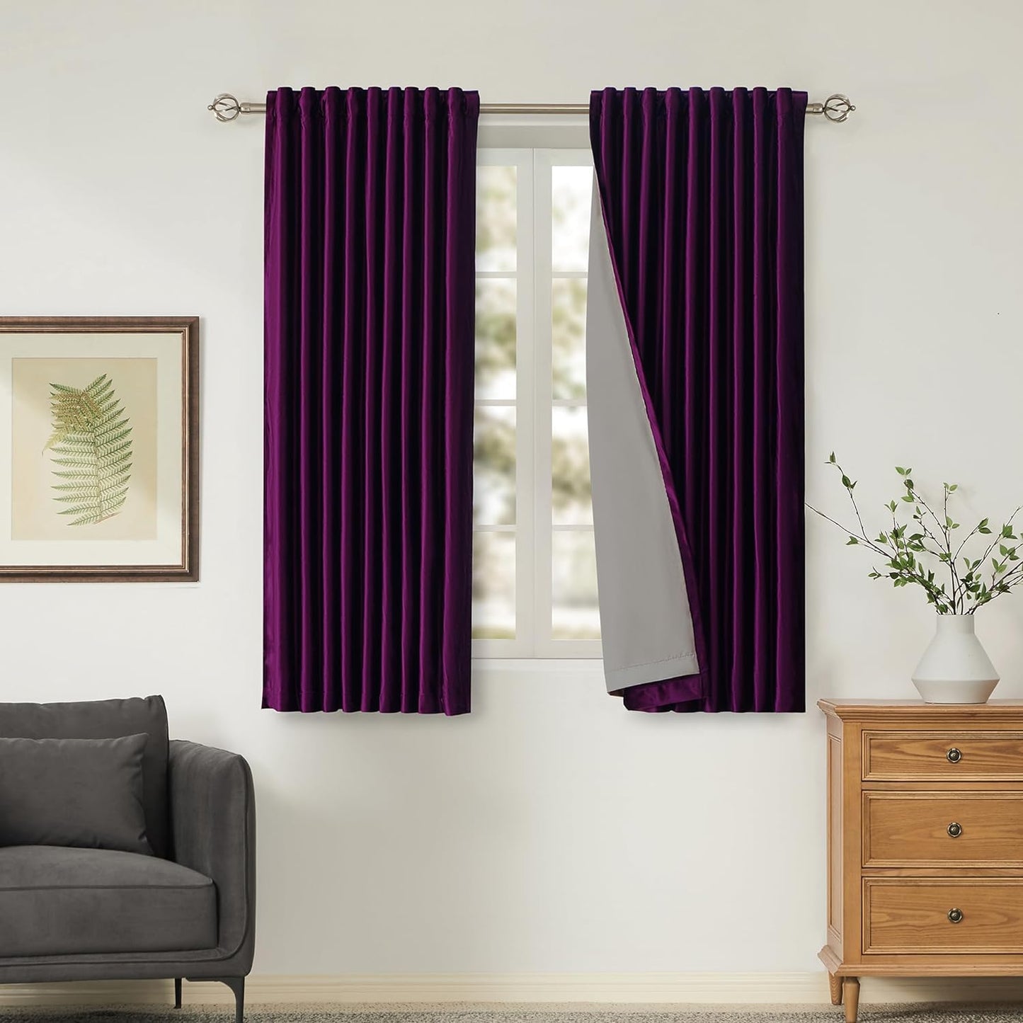 100% Blackout Ivory off White Velvet Curtains 108 Inch Long for Living Room,Set of 2 Panels Liner Rod Pocket Back Tab Thermal Window Drapes Room Darkening Heavy Decorative Curtains for Bedroom  PRIMROSE Purple 52X63 Inches 