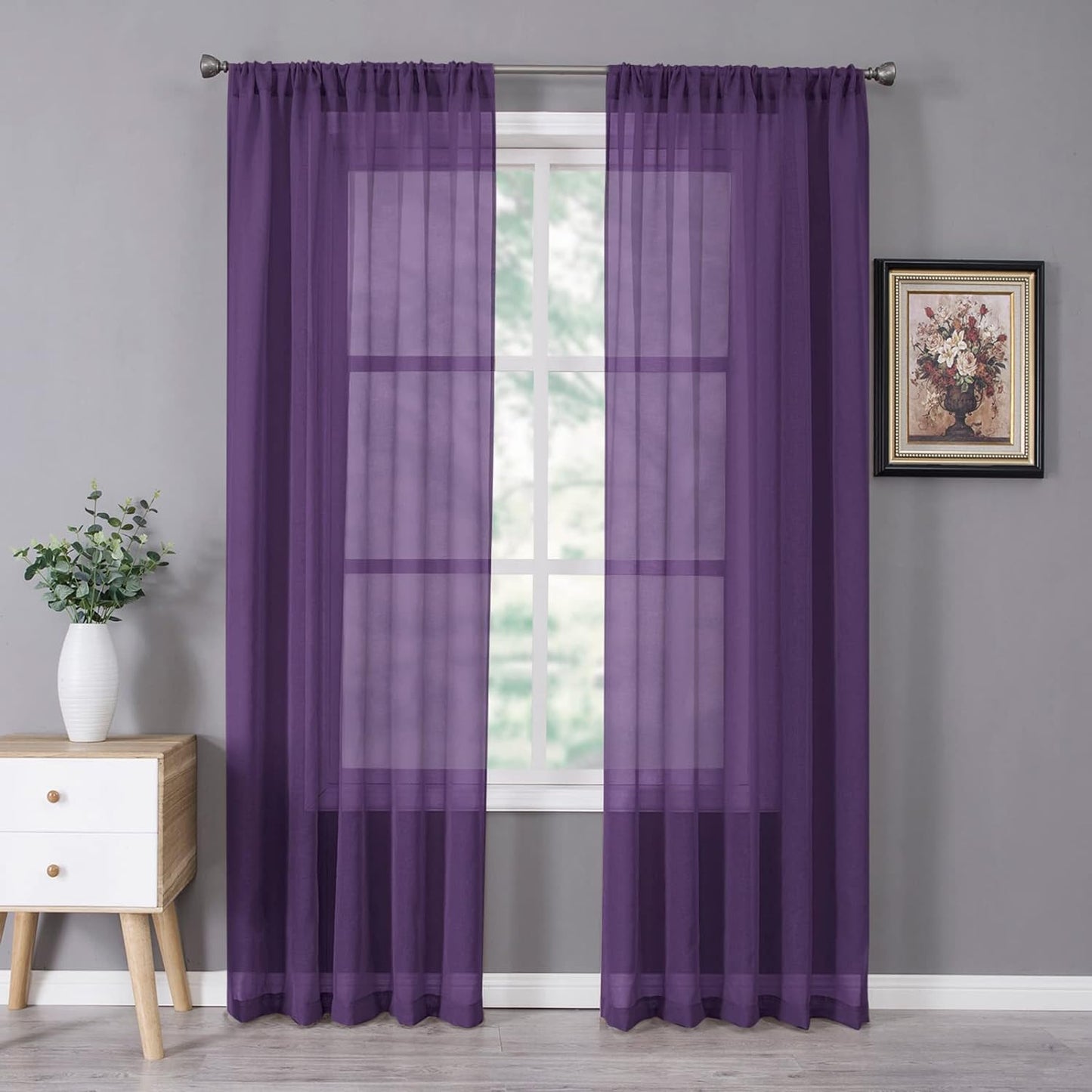 Tollpiz Short Sheer Curtains Linen Textured Bedroom Curtain Sheers Light Filtering Rod Pocket Voile Curtains for Living Room, 54 X 45 Inches Long, White, Set of 2 Panels  Tollpiz Tex Royal Purple 54"W X 72"L 
