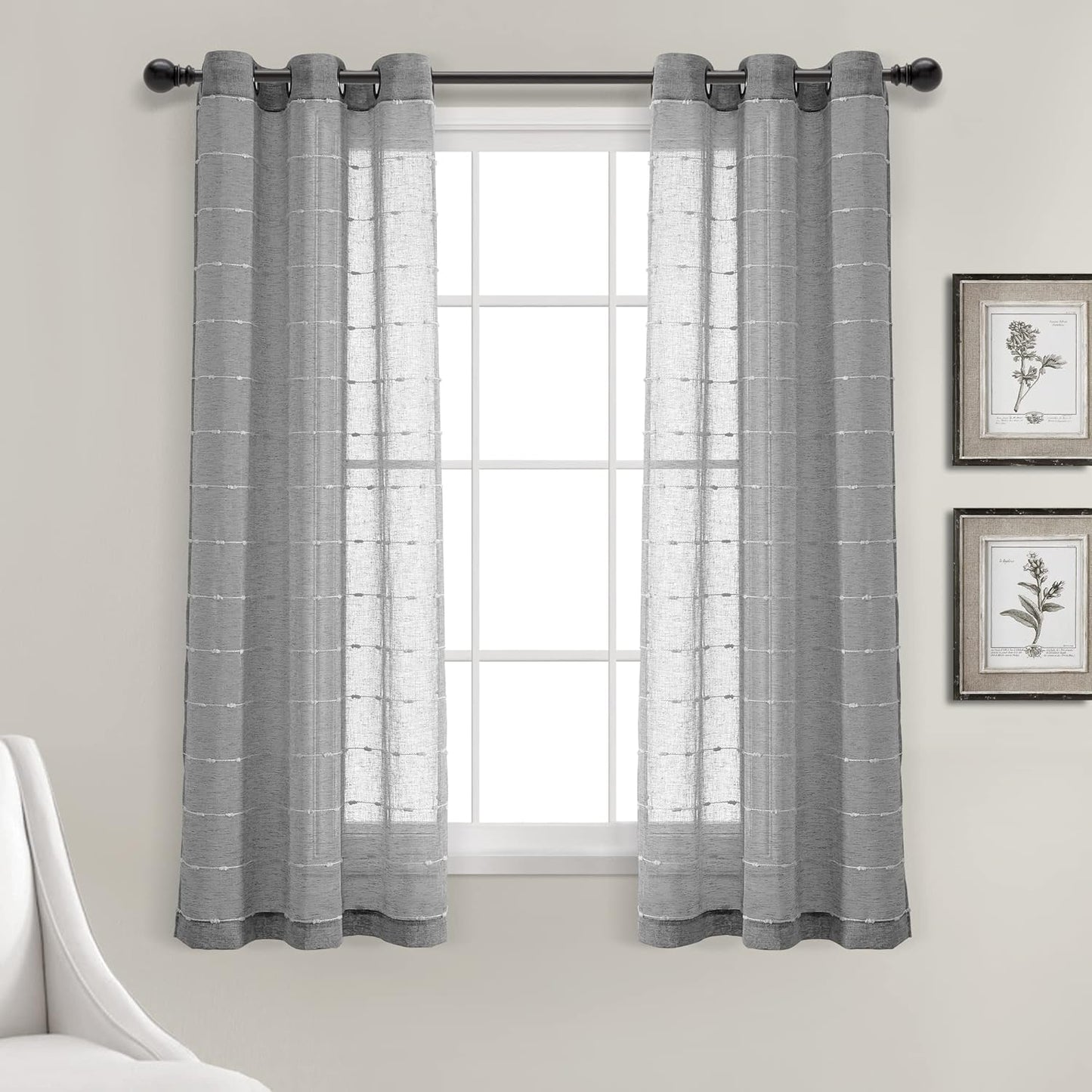 Lush Decor Farmhouse Textured Grommet Sheer Window Curtain Panel Pair, 38"W X 95"L, Gray  Triangle Home Fashions Dark Gray Grommet Pair 38"W X 63"L