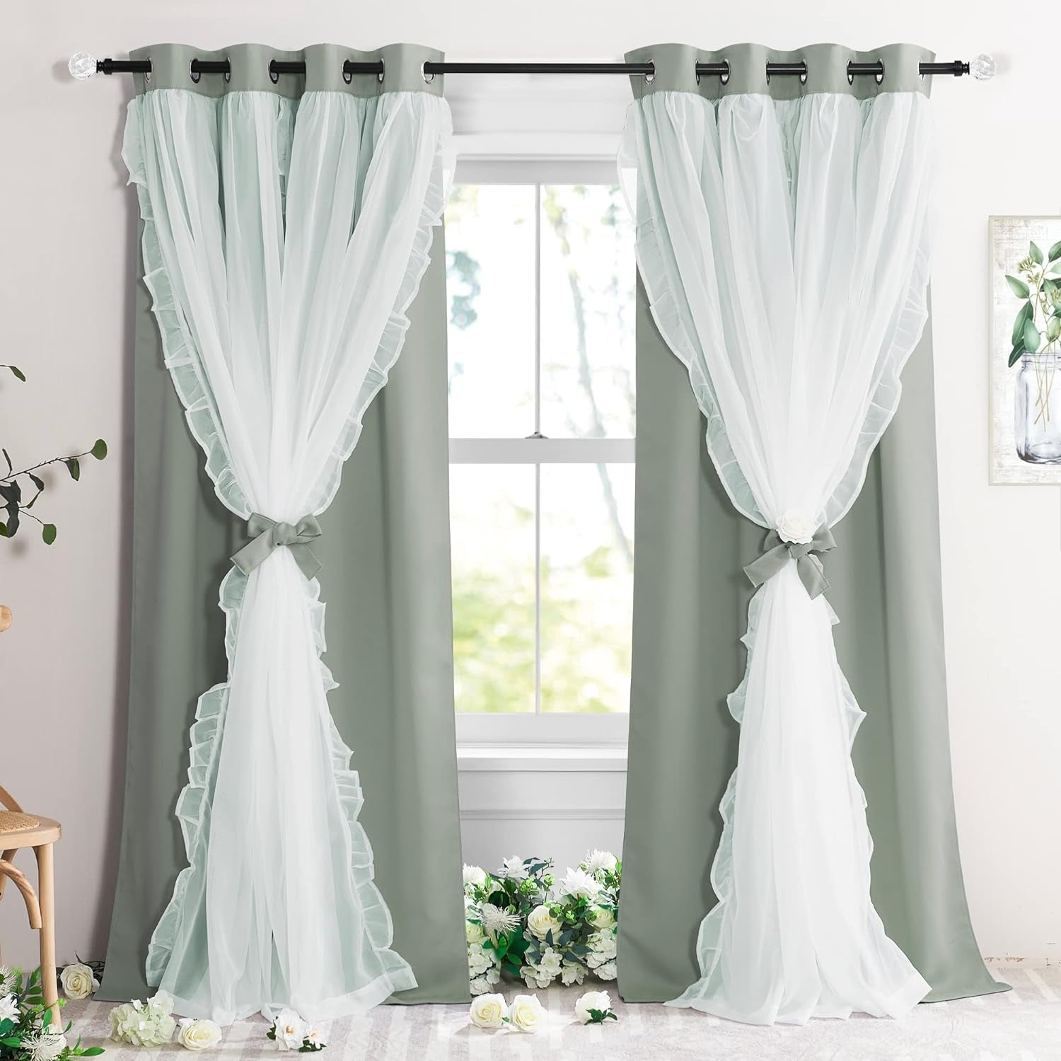 PONY DANCE Blackout Curtains for Living Room Decor Window Treatment Double Layer Drapes Ruffle Sheer Overlay Farmhouse Rustic Design, W 52 X L 84 Inches, Sage Green, 2 Panels  PONY DANCE   