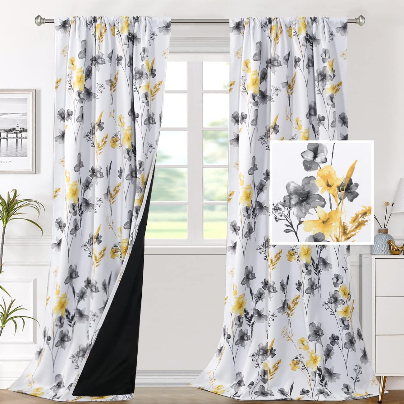 H.VERSAILTEX 100% Blackout Curtains for Bedroom Cattleya Floral Printed Drapes 84 Inches Long Leah Floral Pattern Full Light Blocking Drapes with Black Liner Rod Pocket 2 Panels, Navy/Taupe  H.VERSAILTEX Grey/Yellow 52"W X 96"L 