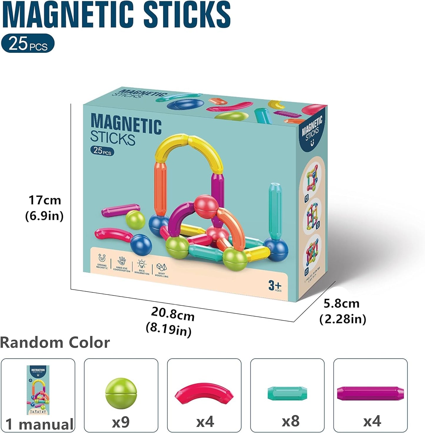 Magnetic Stick, Magnetic Balls and Rods Set, Building Sticks Blocks, Magnetic Blocks, STEM Stacking Magnetic Toys Magnet Educational Toys for Kids Boys and Girls (25 PCS)