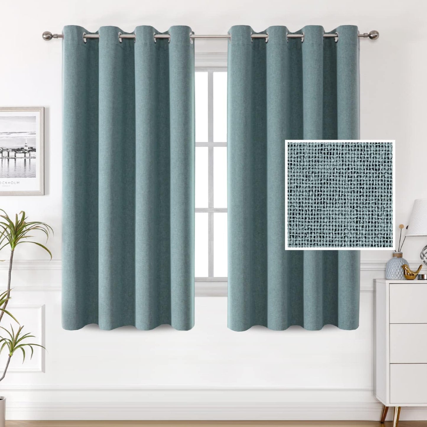 H.VERSAILTEX 100% Blackout Linen Look Curtains Thermal Insulated Curtains for Living Room Textured Burlap Drapes for Bedroom Grommet Linen Noise Blocking Curtains 42 X 84 Inch, 2 Panels - Sage  H.VERSAILTEX Stone Blue 52"W X 54"L 