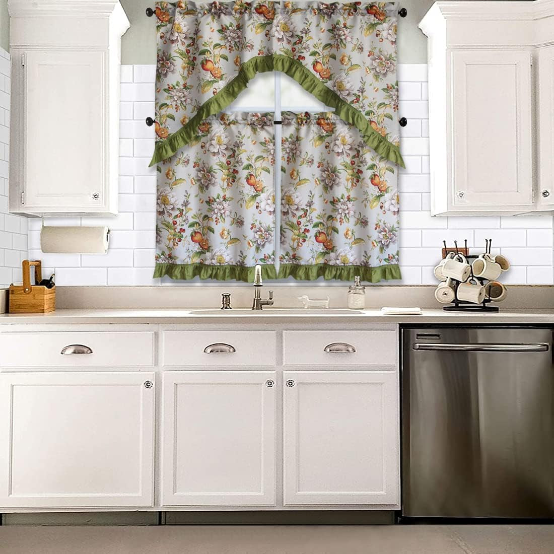 3 Piece Kitchen Curtain Swag Set, Two Tiers & Ruffled Swag Decorative Window Treatment, Rod Pocket Macaroons & Cupcakes Printed Design Arianna